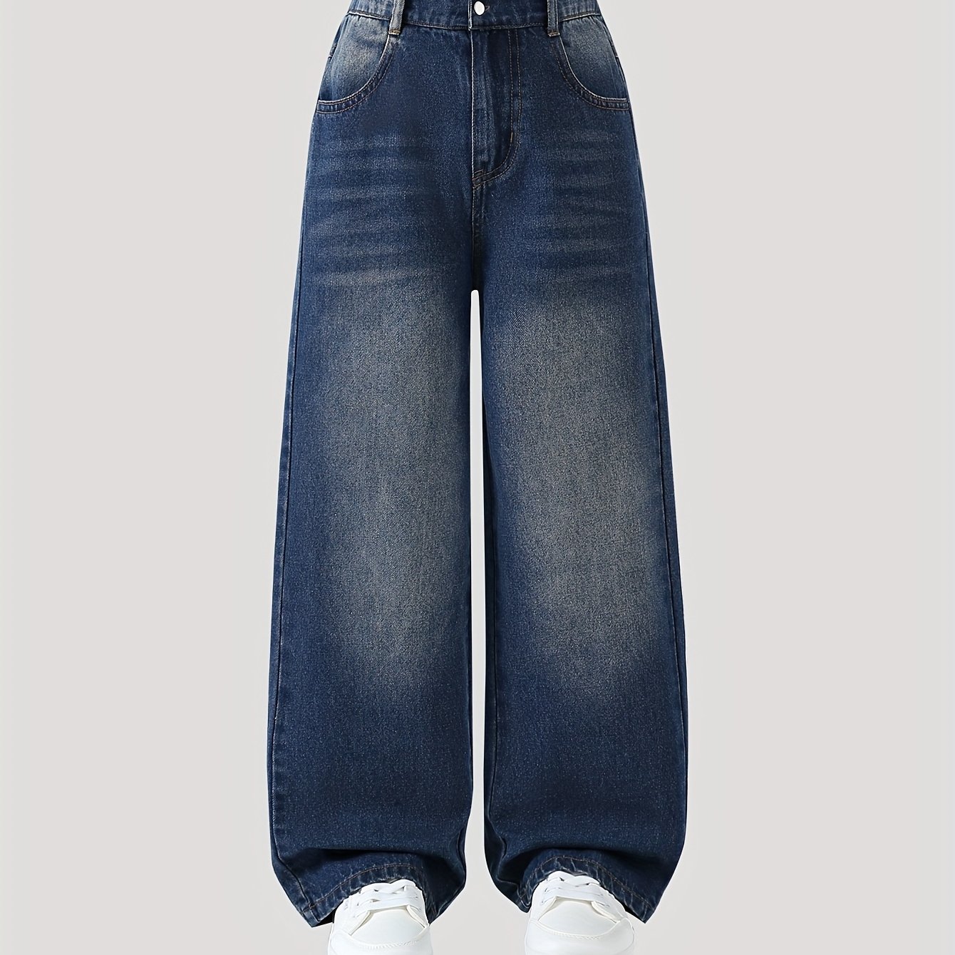 Image of Boys' Jeans, Big Boy Outdoor Casual Comfortable Fashion Versatile Wide-leg Style Washed Denim Trousers, Autumn Clothing