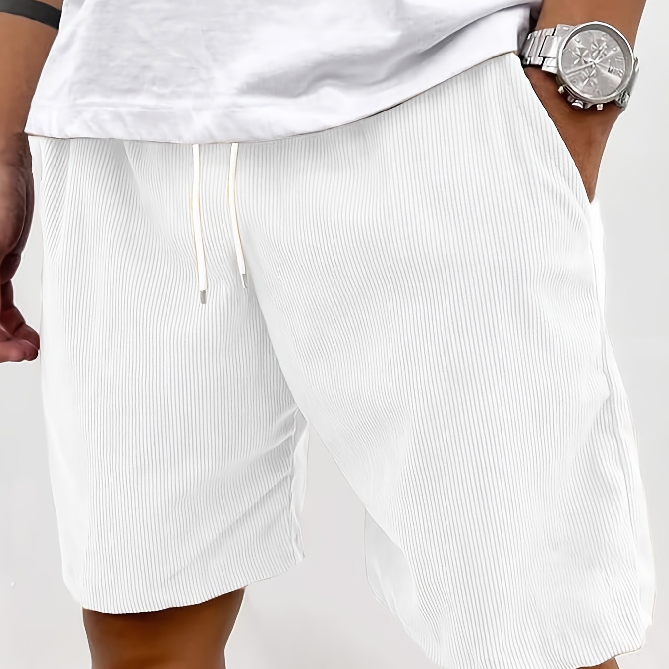 TEMU Men's Summer Solid Color Casual Shorts, Made Of Soft And Comfortable Corduroy Fabric, Featuring Side Pockets And An Elastic Waist With