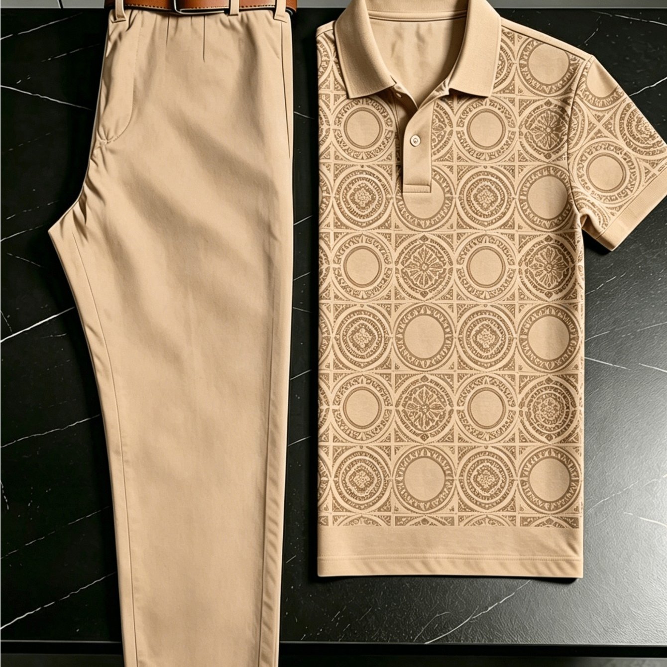 Men's 2pcs Casual Outfit Set, Vintage Circular Medallion Geometric Full Print Short Sleeve Shirt And Solid Khaki Straight Leg Chino Pants, Summer Breathable Golf Holiday Matching Suit