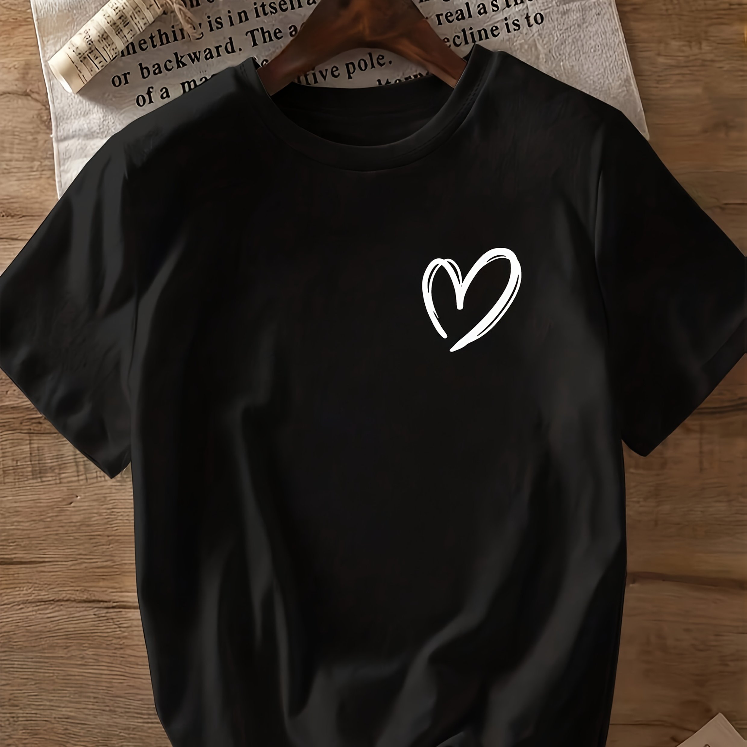 TEMU Plus Size - Plus Size - Women's Casual Loose White Heart Print T-shirt - Round Neck Short Sleeve Top, Black, Fashion Casual Fit