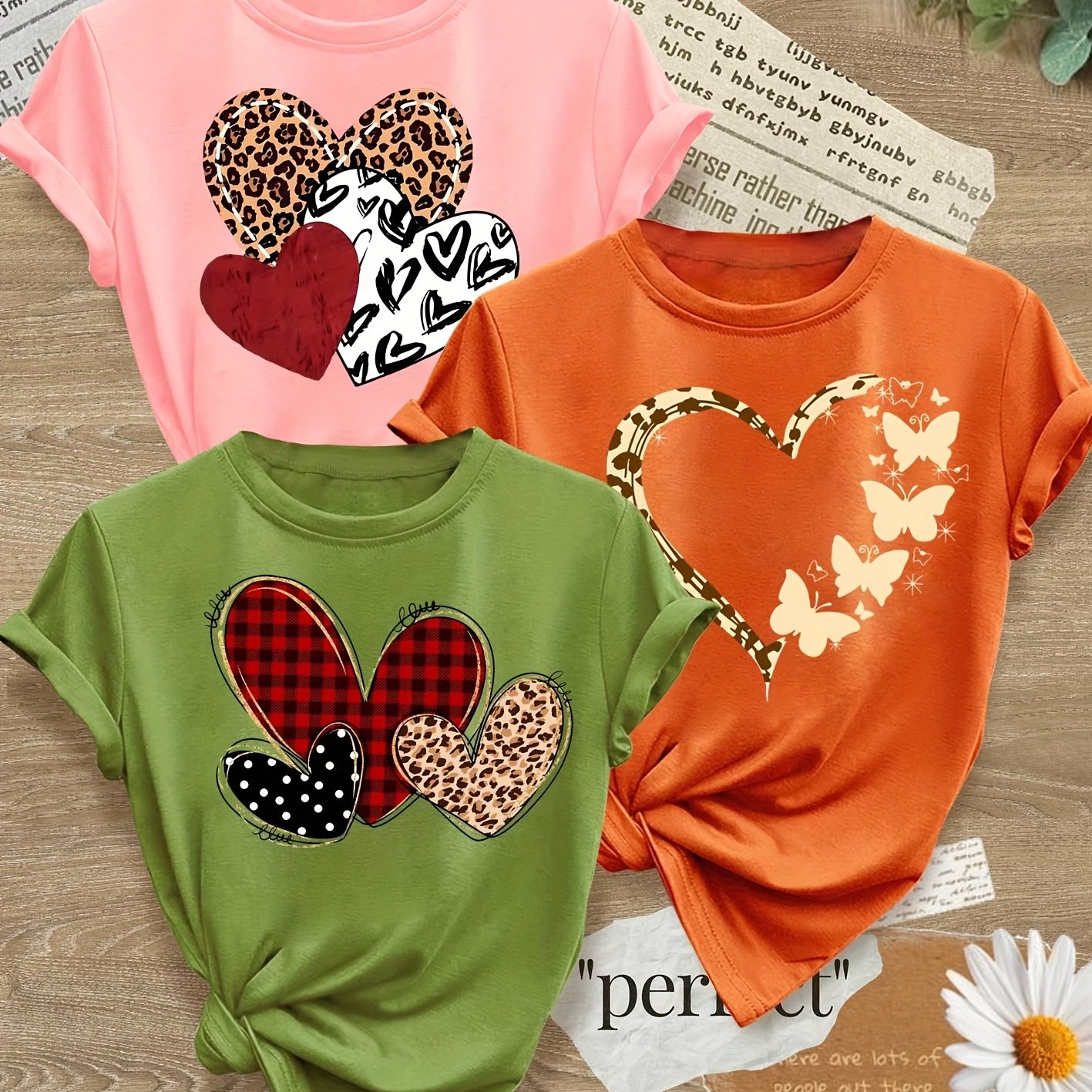 TEMU 3pcs Simple Clear Line Heart Print Fashion Vintage Style Women's Spring Summer Autumn Casual Sporty Round Neck Short Sleeve T-shirt, Multiple