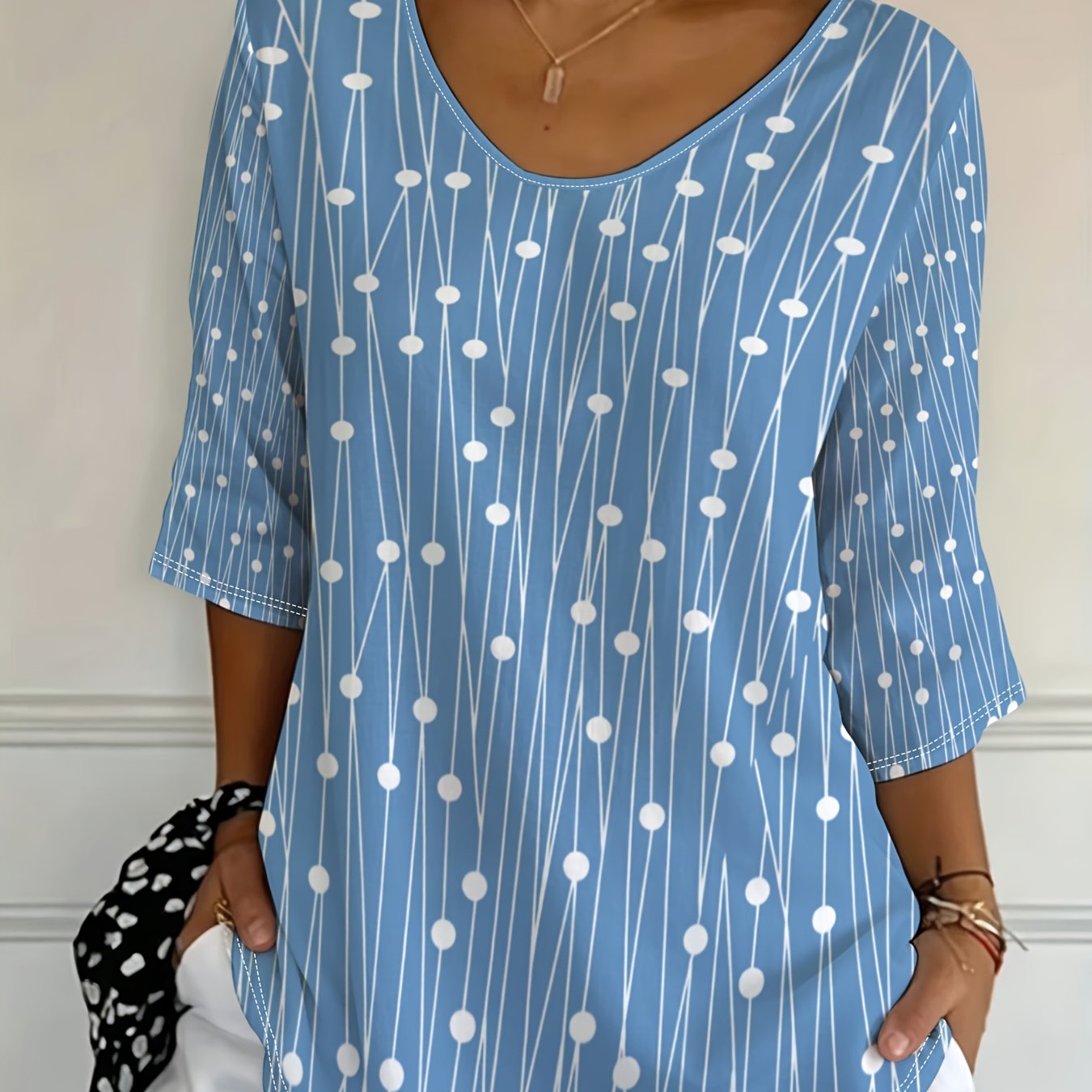 TEMU Plus Size, [printe Esign-not Texture] Casual And Fashionable Holiday Women's Regular Fit Full--quarter Sleeve T-shirt Top