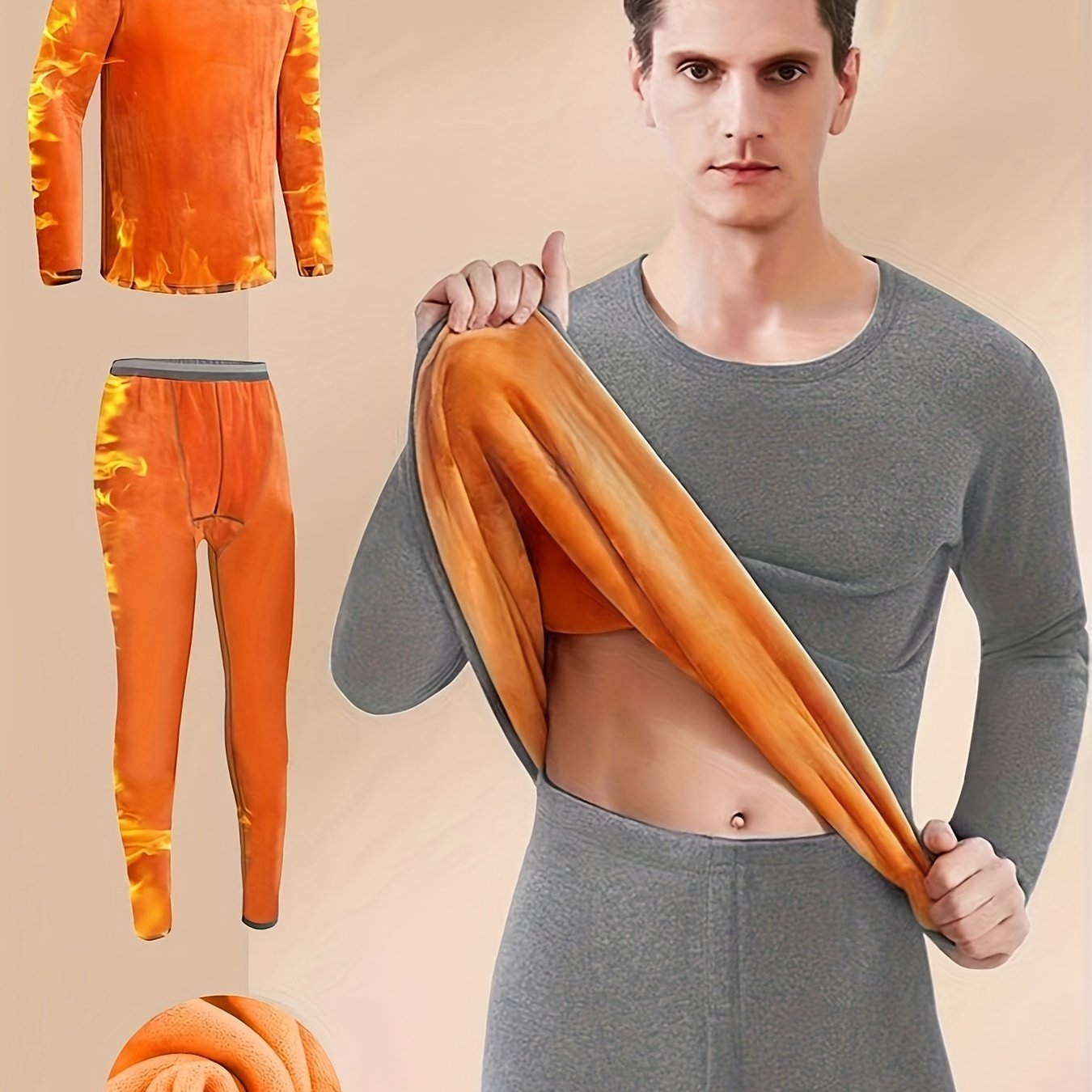 TEMU Men's Winter Thermal Underwear Set - Ultra-thick Fleece, Long Sleeve Top And Pants For Middle-aged To Elderly