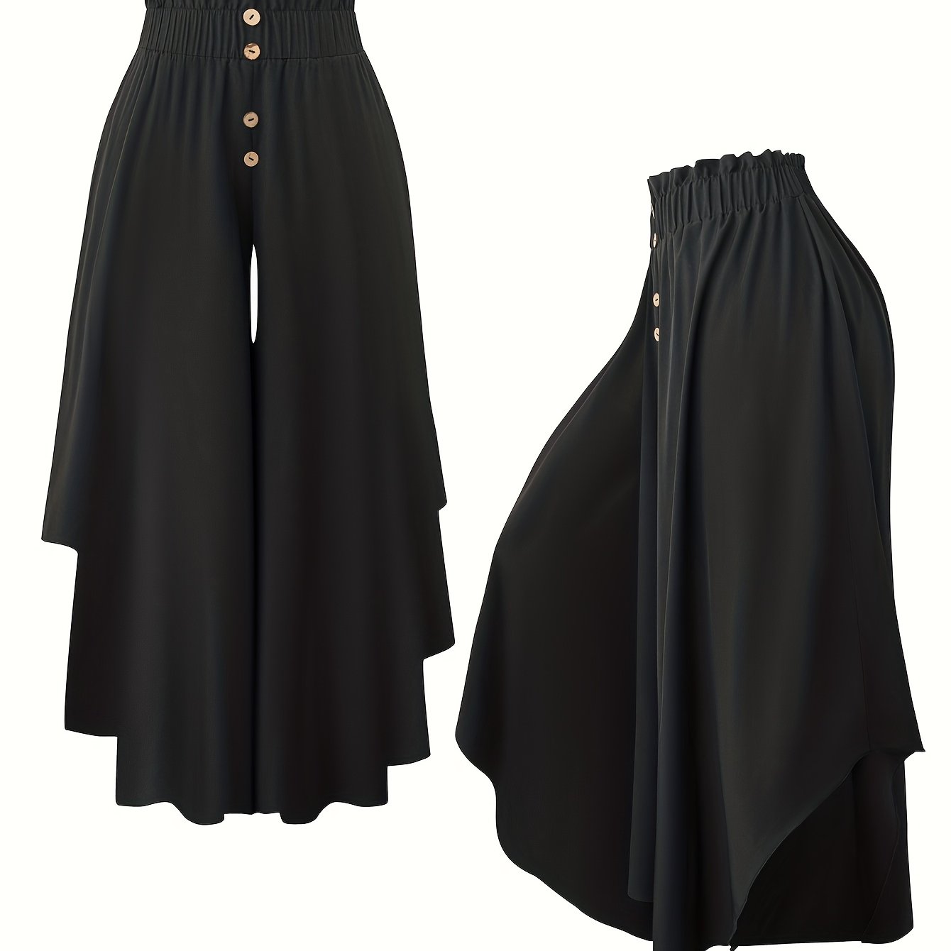 Image of Plus Size, Plus Size Women's Long Wide-leg Pants With Elastic Waist, Ruffle Trim, Studded Hem, Irregular , Casual, Elegant, Comfortable, Vacation-ready