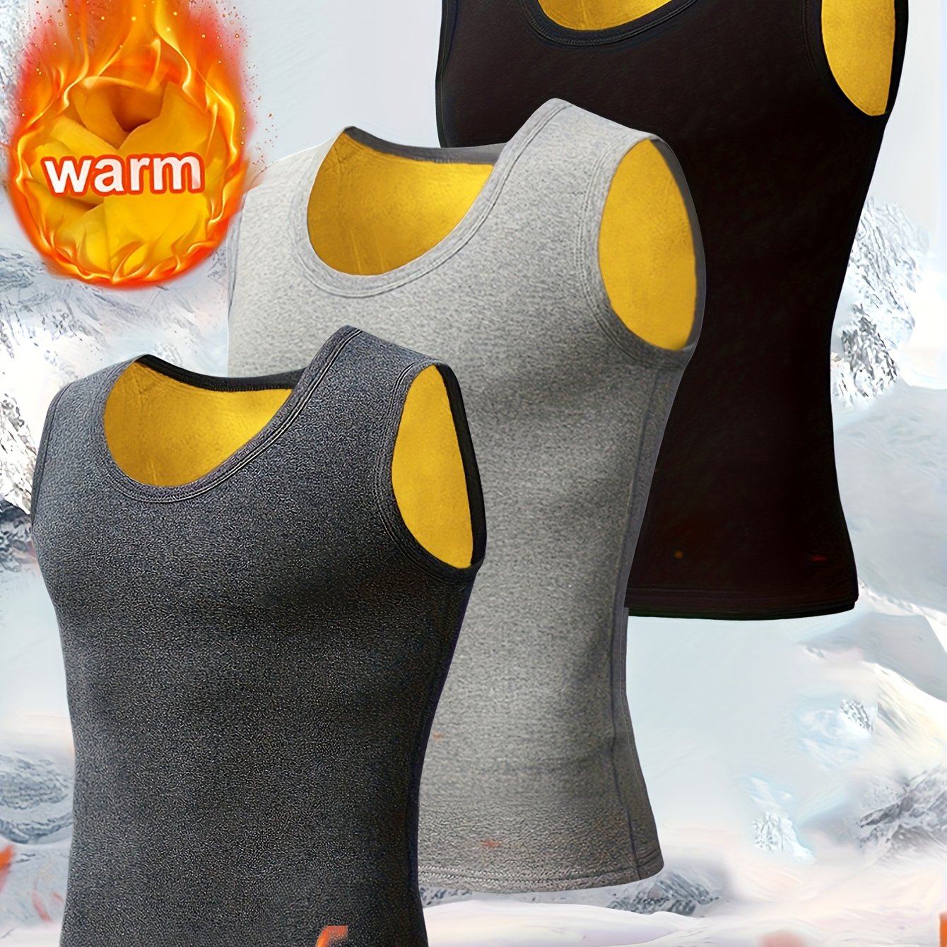 TEMU 3pcs Set Autumn Winter Men's Warm Vest Thickened Fleece Tight Athletic Fitted Warm Windproof Golden Vest Vest Indoor Outdoor Fitness Gym Fabric