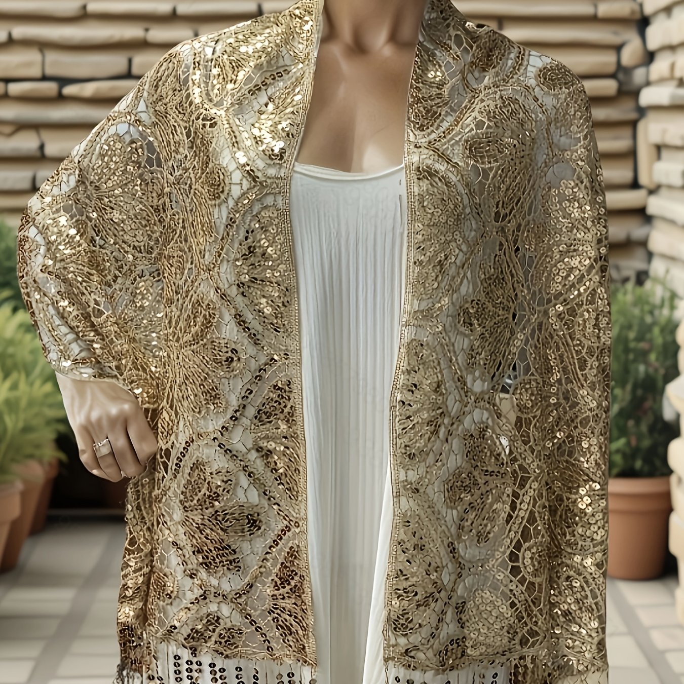 Image of Plus Size - Plus Size - Plus Size 1920s Vintage Court Style Fashion Elegant Fully Handmade High-quality Sequined Evening Gown Party Shawl