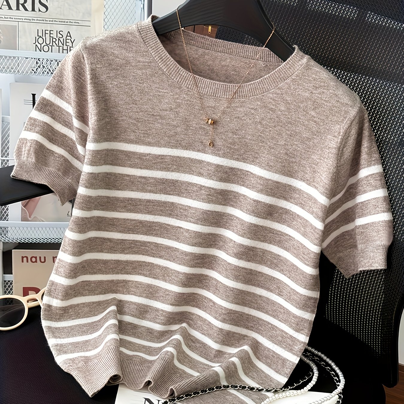 E-shop 2026 Neue Damen Sommerkleidung Gestreiftes Kurzarm-Top - Elegantes Rundhals Color , Atmungsaktive Frühling/Sommer Freizeit-/Formelle Kleidung,
