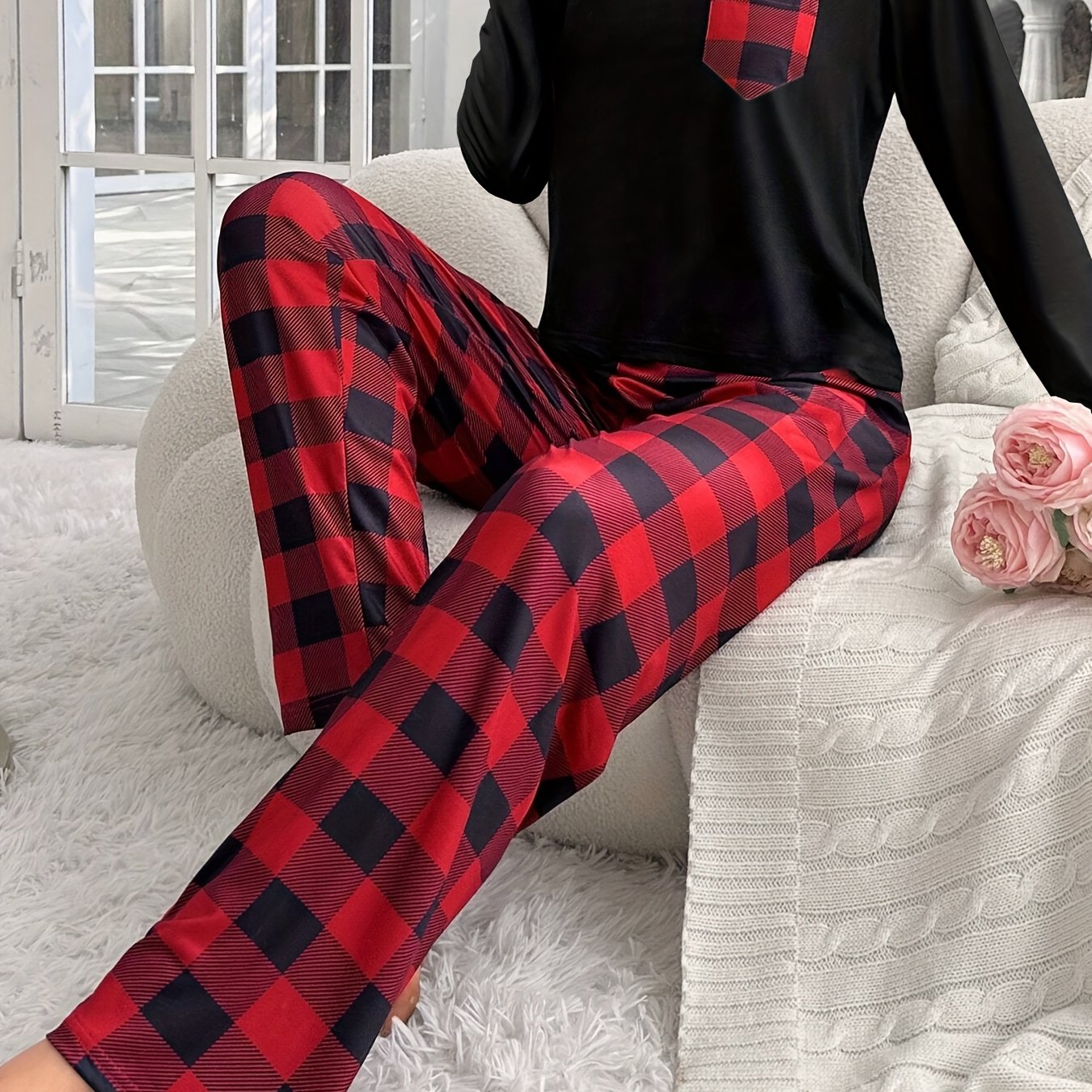 Image of Autumn And Winter Women's Pajamas With Long Sleeves, Pants, Checkered Top With Pocket Wear Set