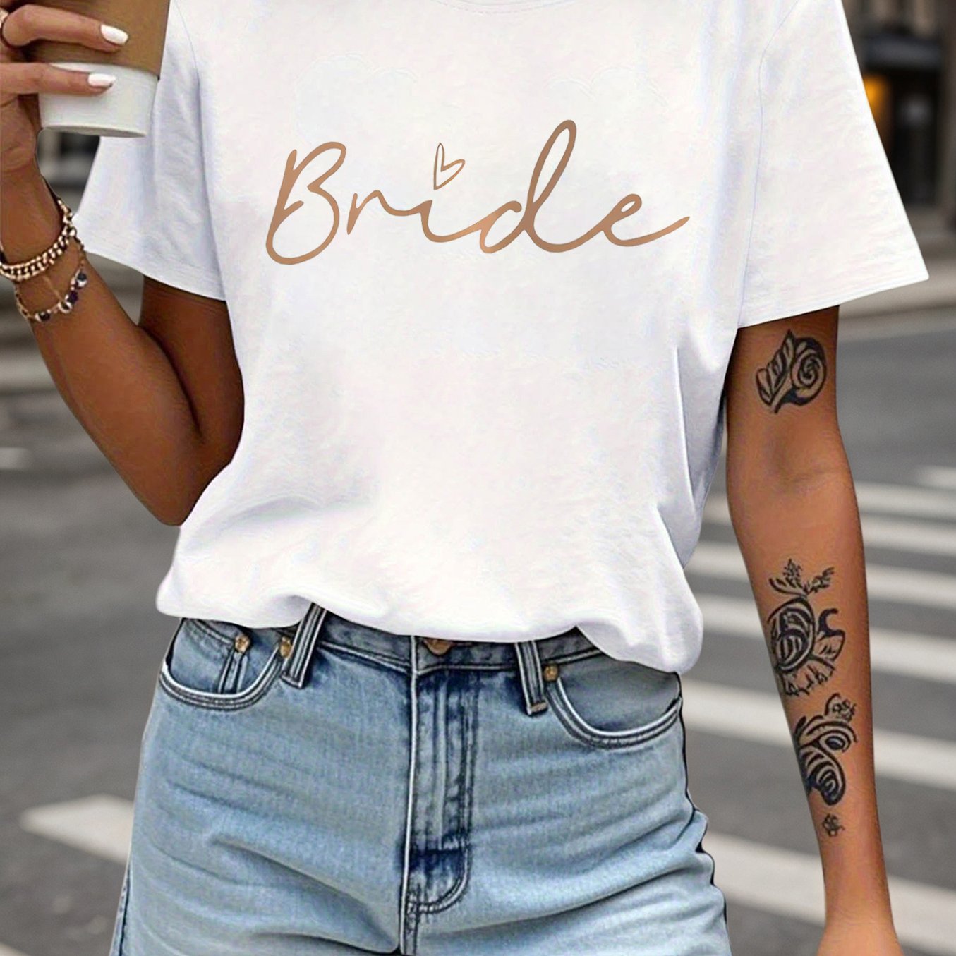 TEMU 'bride' Bride Letter Print Women's T-shirt, Short Sleeve Crew Neck Casual Top For Summer And Spring, Women's Clothing