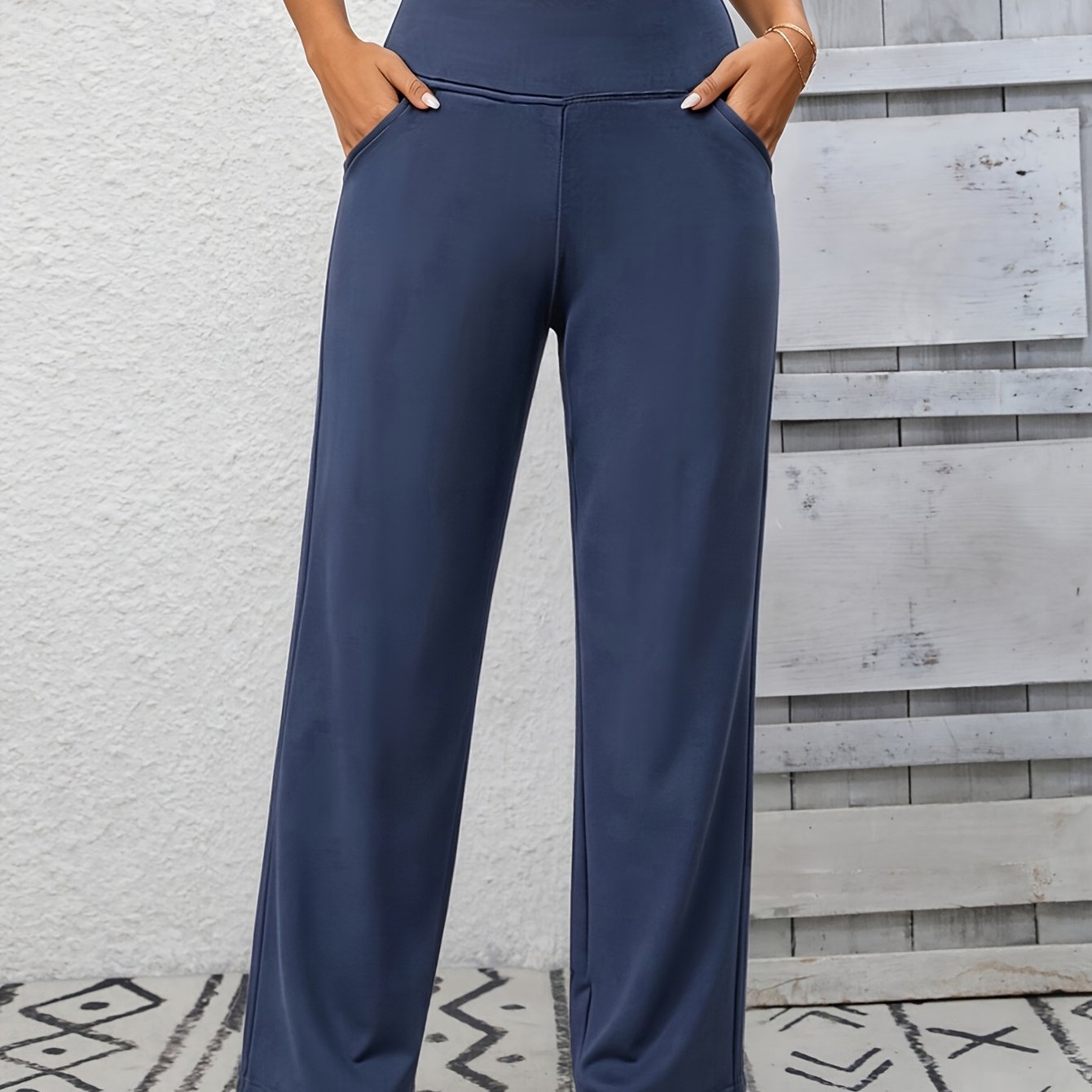 TEMU W.laolesi Women's Mid-waist Ankle Pants With Elastic Waistband & Pockets - Nude- High-stretch Straight Trousers, Beltless Suitable For Home,
