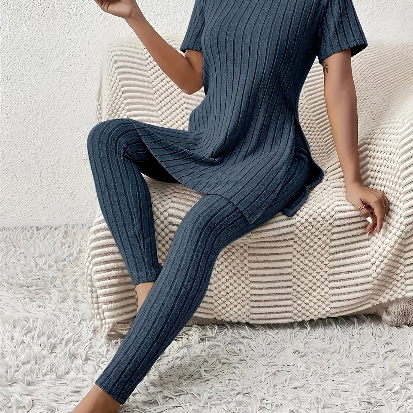 TEMU Spring And Autumn And Casual Wear, Individual Slit Short Sleeve Round Neck Top And Tight High-waist Long Pants Set
