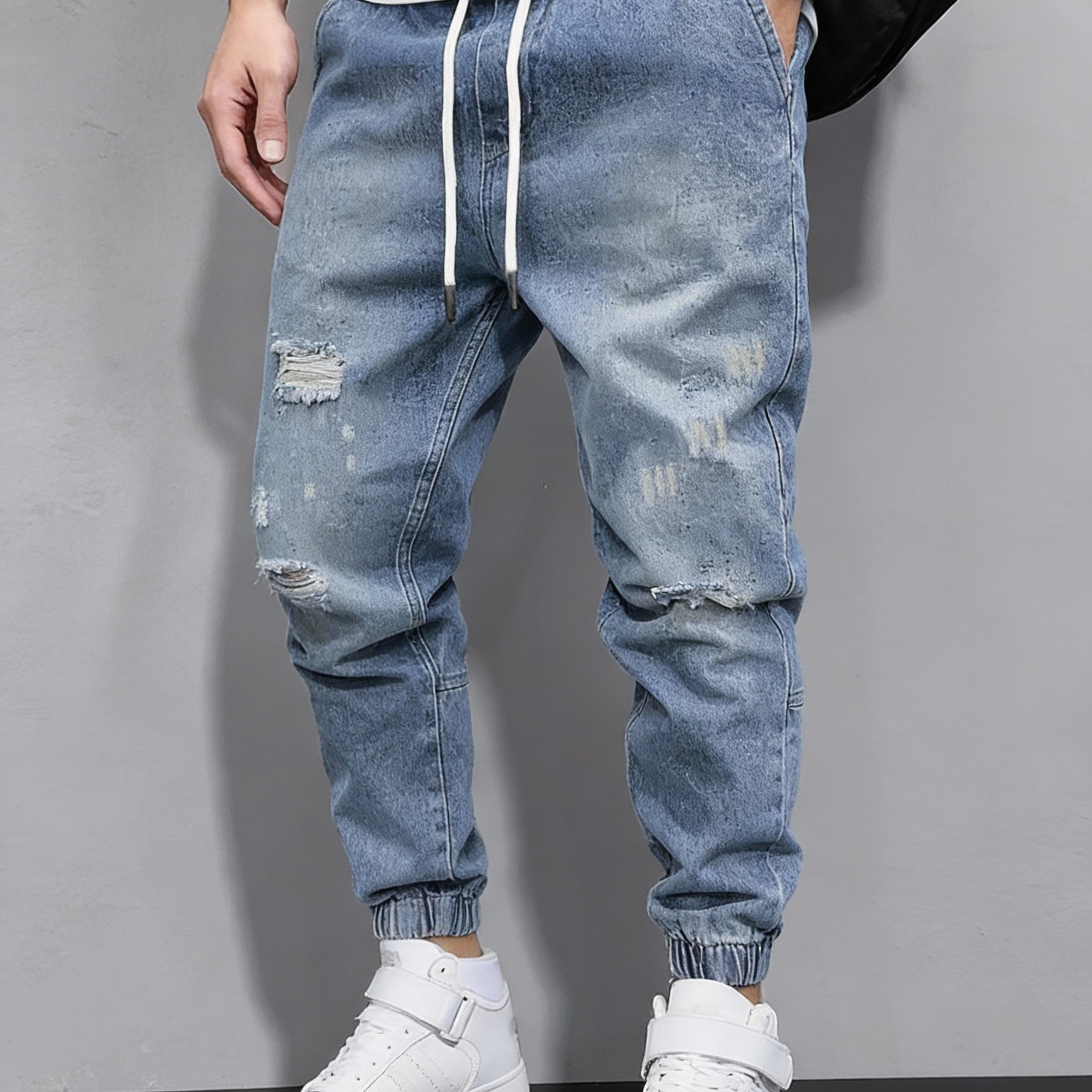 European And American Men' Blue Washed Ripped Jeans