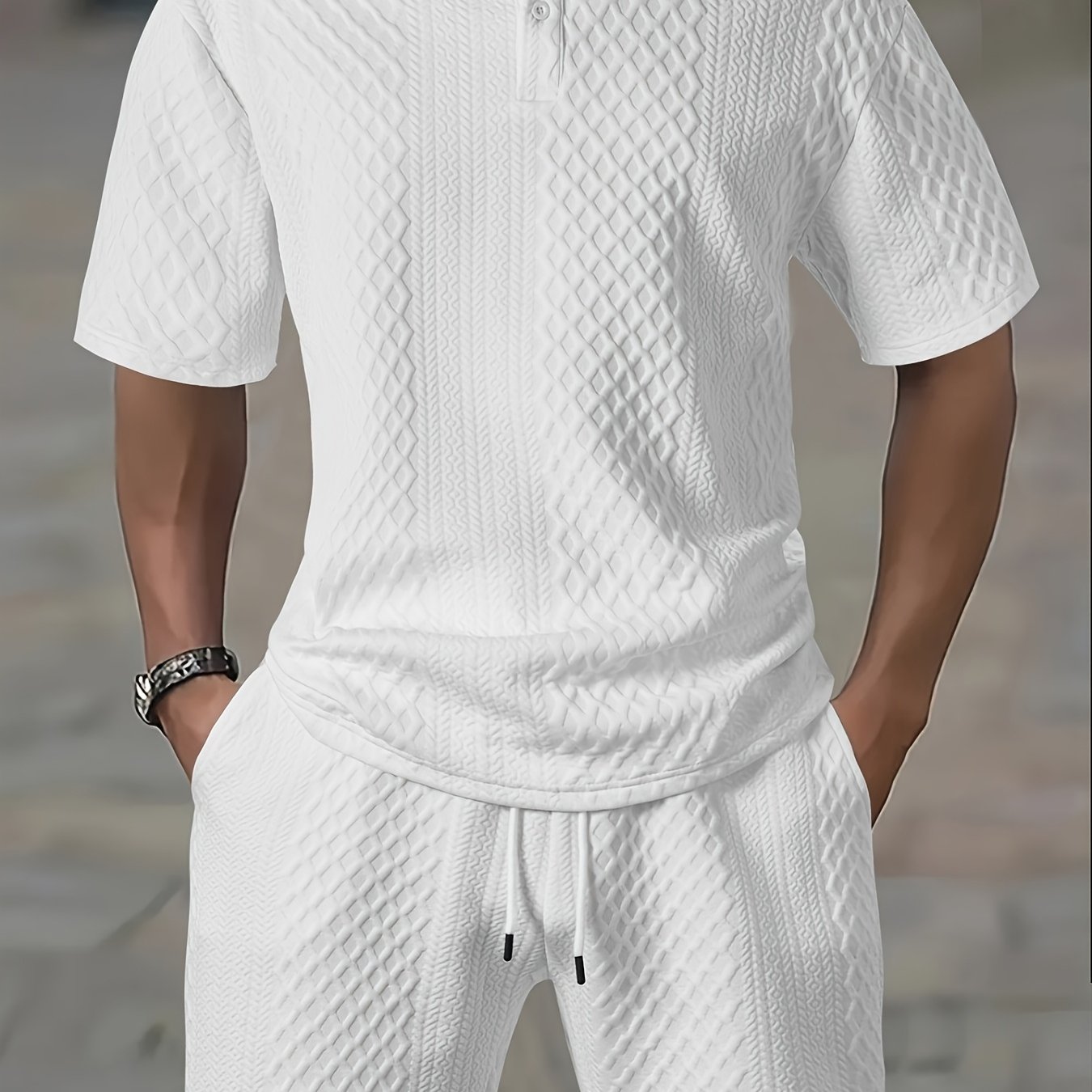 Men's 2pcs Short Sleeve Collar T-shirt And Drawstring Shorts Outfit, Jacquard Fabric, Clean Comfortable Breathable