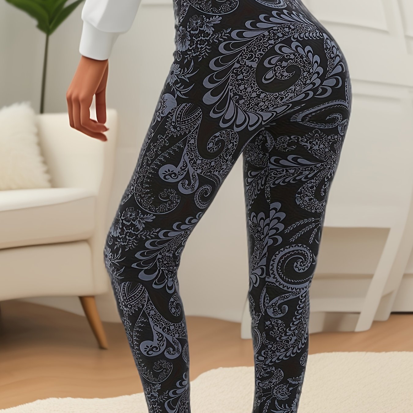 Plus-size High-waist Floral Leggings For Women - Super Stretchy & Comfortable, Fashionable Black With Flower Vine Design, Wear, Machine Washable, Plus Size Leggings