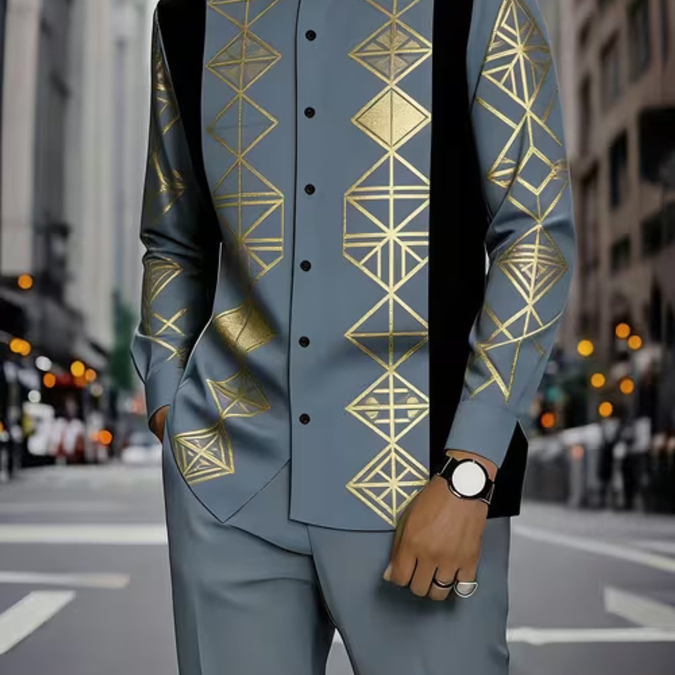 Image of [printed Design-no Texture] Collar Men's Fashion Casual Style Geometric Long Sleeve Shirt And Pants Set Men's Adult Clothing Party Outfit Daily Casual Wear