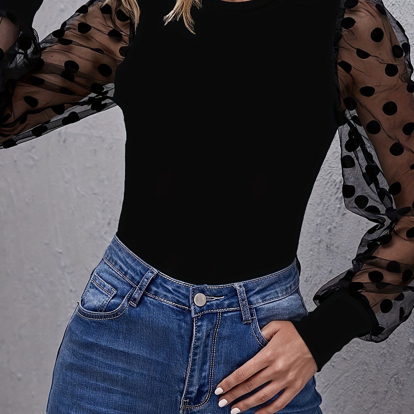 Image of Women's New Arrival Ins Fashion Elegant Polka Dot Mesh Splicing Long Sleeve Waist-cinching Top