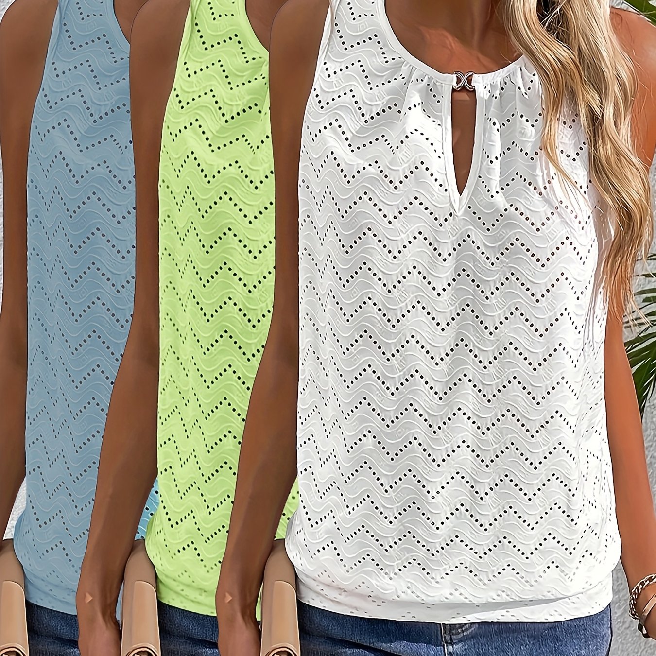 Image of Set Of 3 Women's Stylish And Elegant Vests With Lace Embroidered Necklines