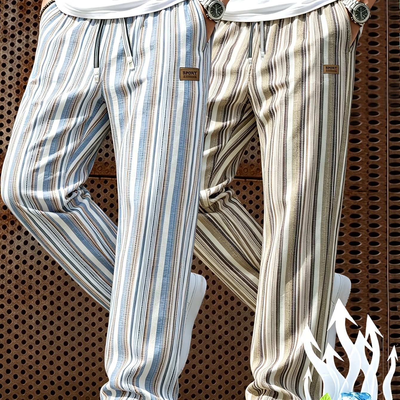 TEMU 2pcs Set Vintage Textured Vertical Striped Wide-leg Pants Cooling Breathable Men's Summer Casual Trousers Dual-tone Striped Straight Pants