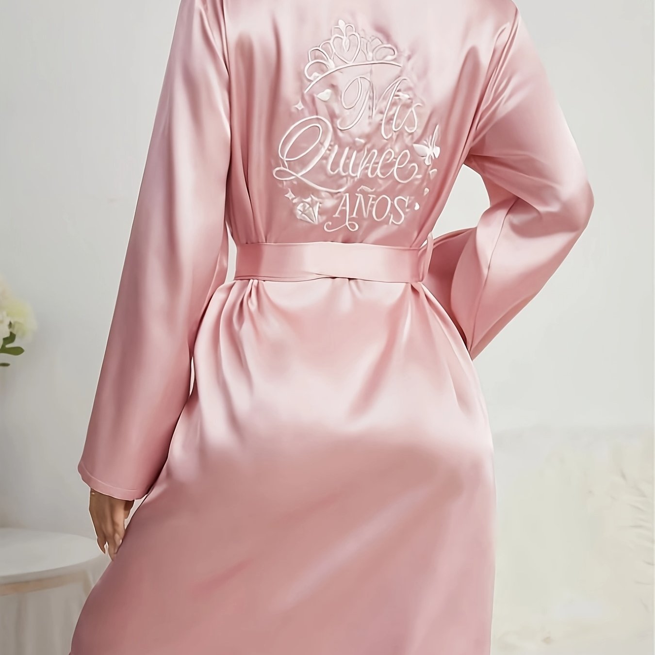 TEMU Elegant And Comfortable Solid Color Satin Long Sleeve Pajamas Robe With Embroidered Belt For Women