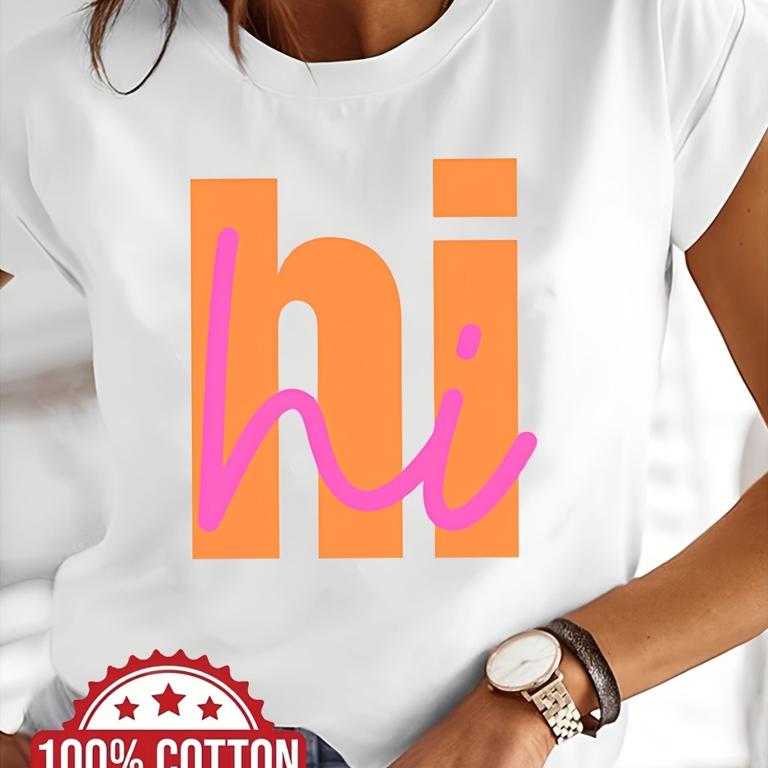 Image of Plus Size, Creative And Stylish 100% "hi" Printed T-shirt, Short-sleeved, Casual Women's Top With A Round Neckline, Suitable For Spring And Summer Wear, Women's Clothing- Holiday Gift.