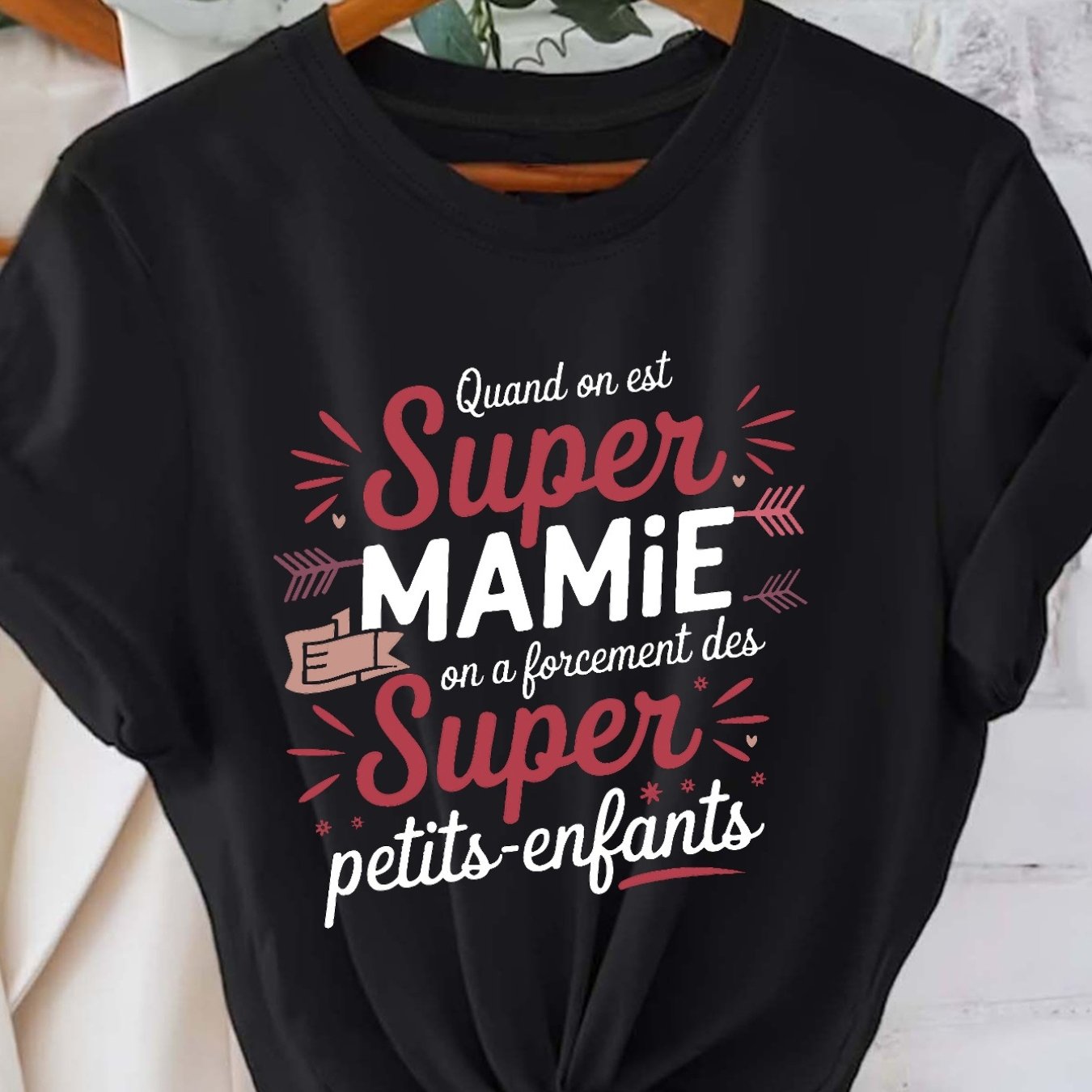 TEMU Tee-shirt pour femmes - Tee-shirt "Super Mami" - Imprimé lettres roses et blanches, col rond décontracté, manches courtes, mélange polyester