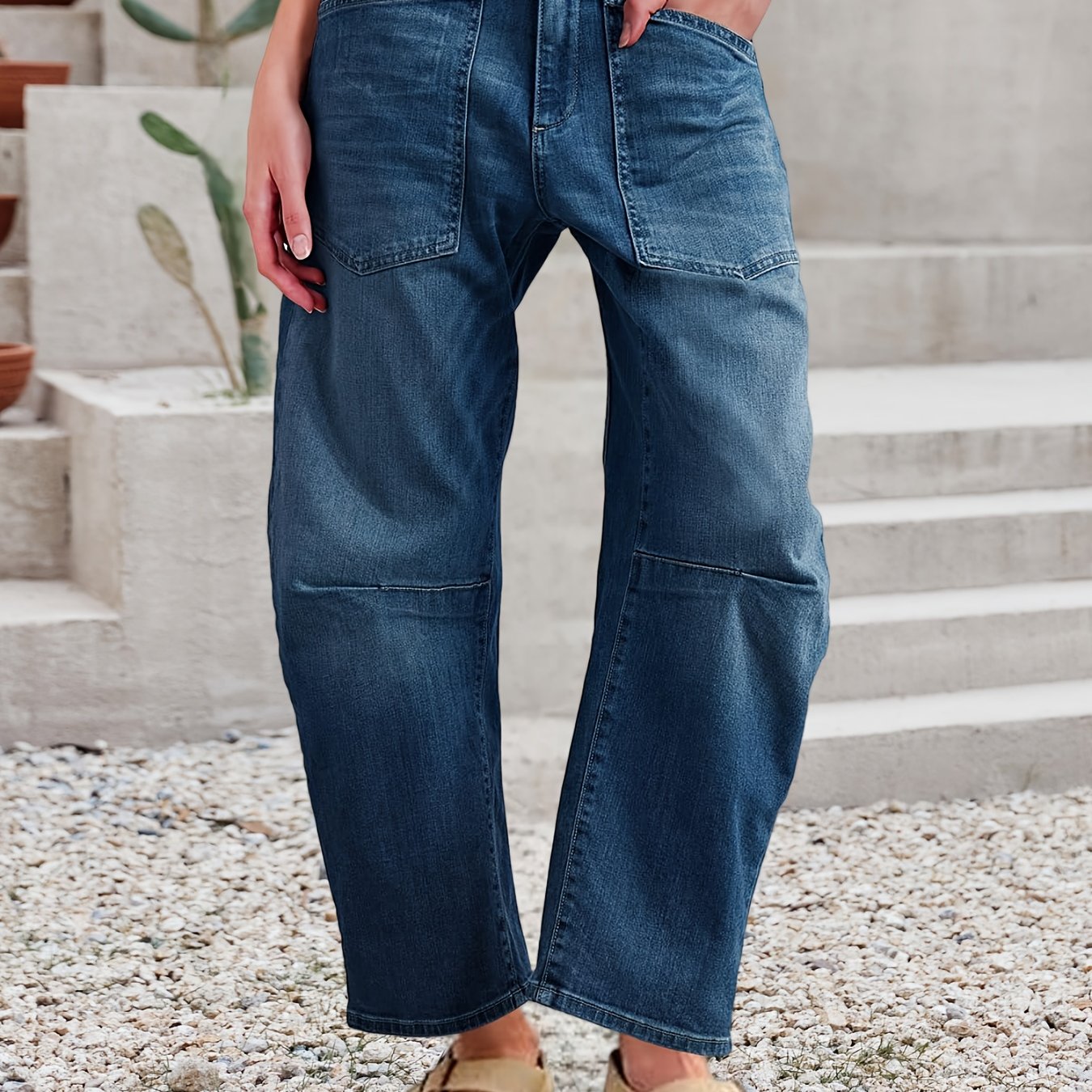 Image of Womens Baggy Barrel Jeans Boyfriend High Waisted Wide Leg Cropped Ankle Denim Pants