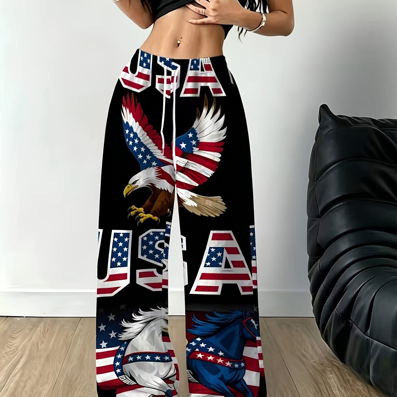 TEMU Printed Design - Non-textured Women's Black Background American Flag Eagle And Horse Usa Letter Casual Trousers American Patriotic And Stripes