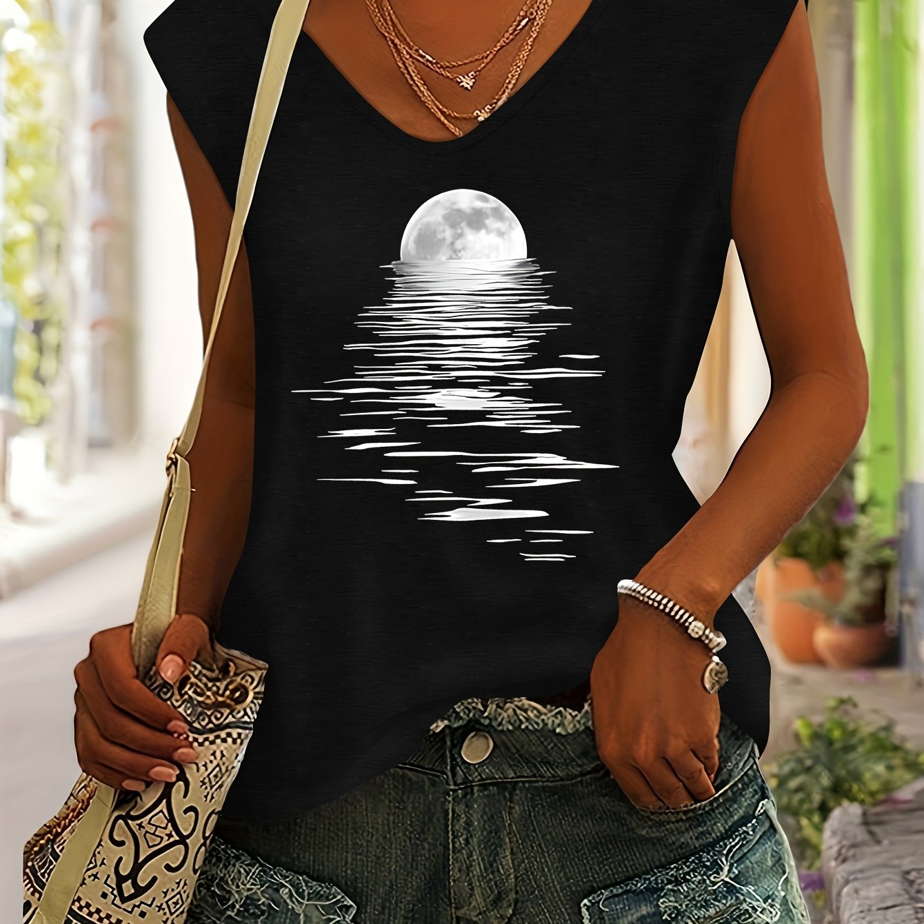 TEMU Sea Rising Moon Pattern Sunrise Print European And American Women's Top Spring Summer Fashion Versatile Beach Vacation Casual Color V-neck Short