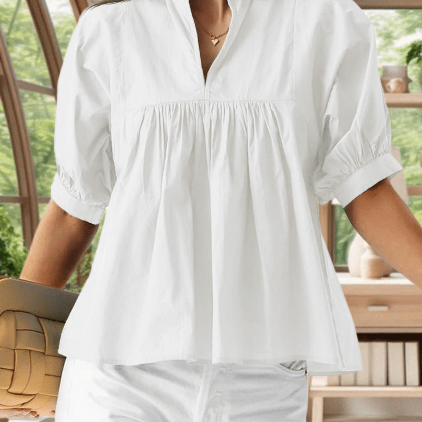 Image of Casual Pleated Loose-fit Shirts For Women Featuring Puff Sleeves And A V-neck, Perfect For Summer