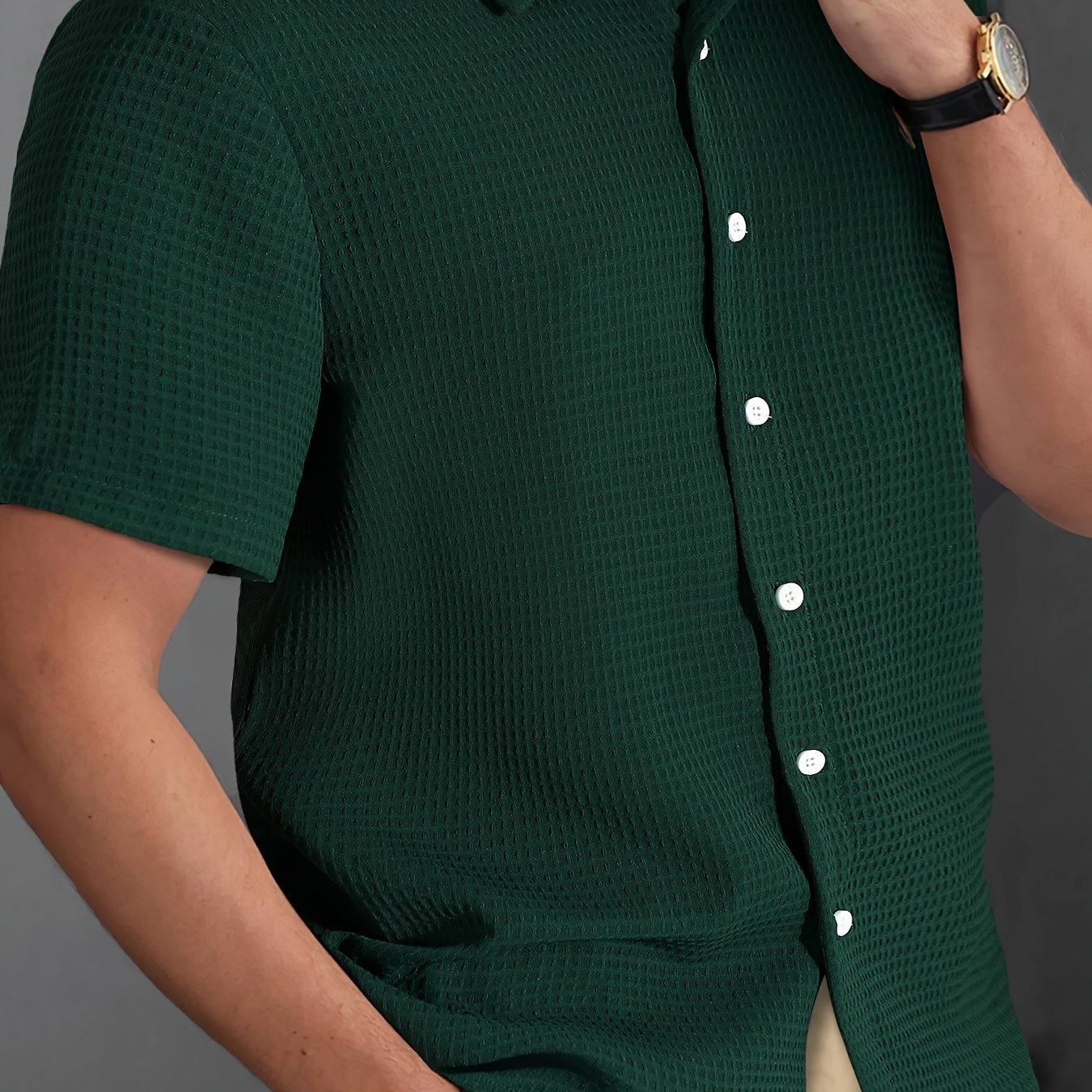 TEMU Summer New Casual Men's Waffle Texture Shirt With Lapel Cardigan