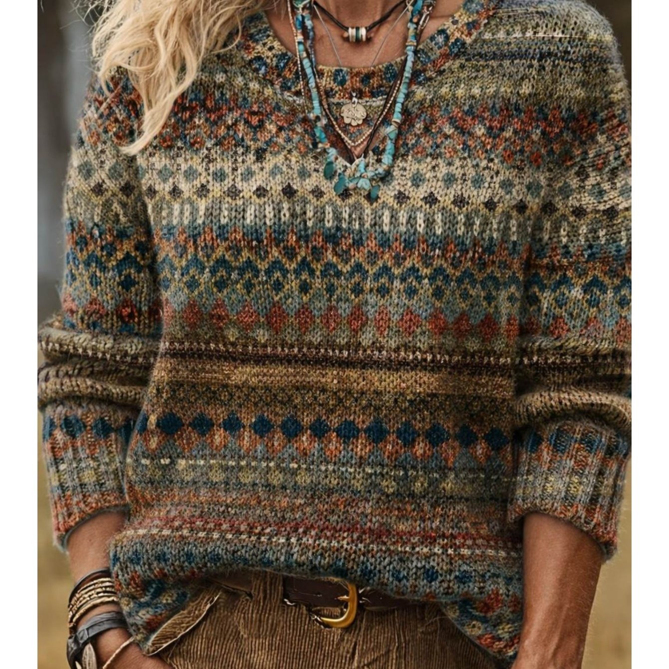 item picture 2026 autumn winter new womens diamond stripe printed breathable elegant retro pattern round neck sweater easy to care fabric machine washable soft and chic printed sweater thick long sleeves suitable for spring   and  