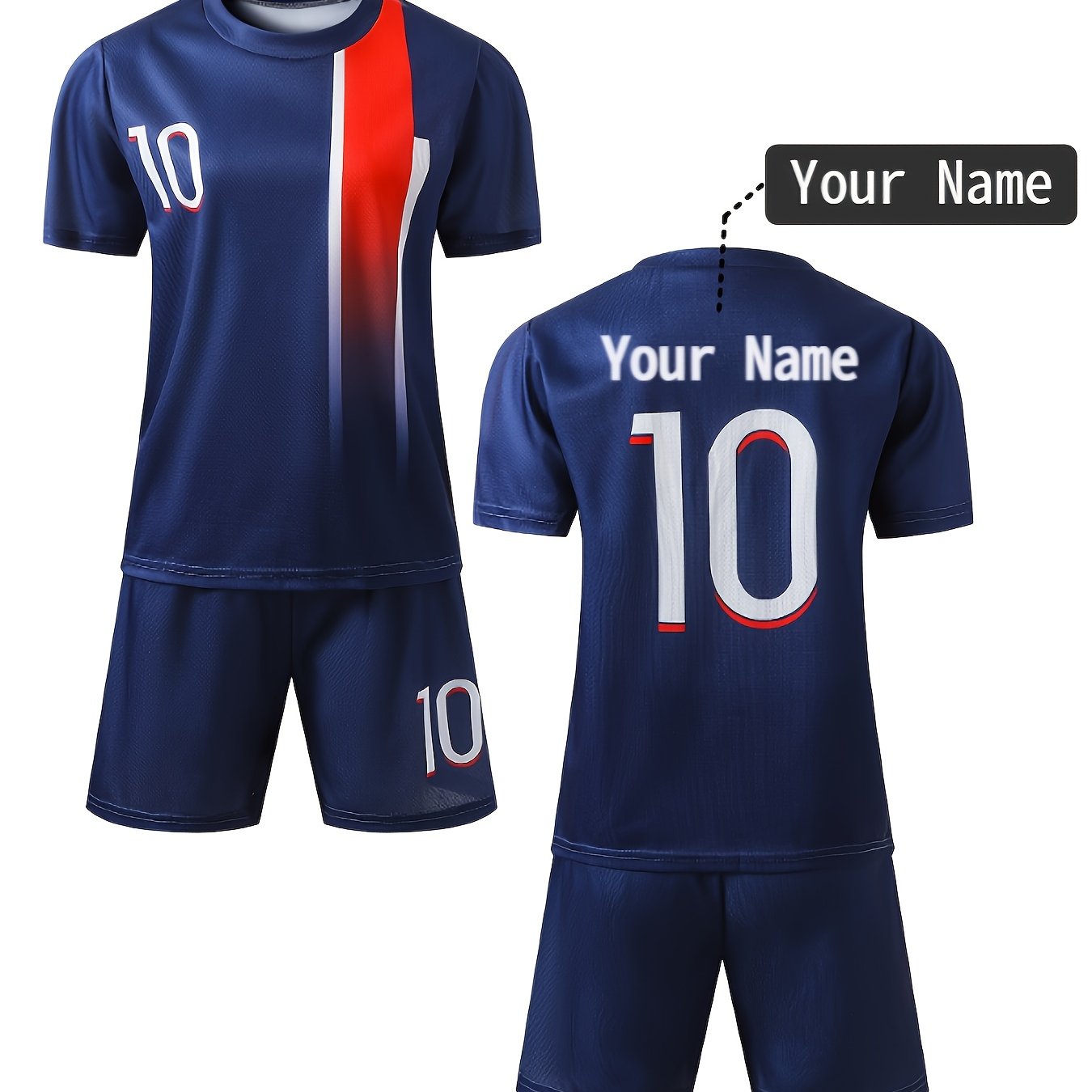 TEMU Custom Regular Short-sleeve Shorts Set, 2025 Round-neck T-shirt Soccer Uniform For Men, Two-piece Top And Bottom, Personalized Name And Number