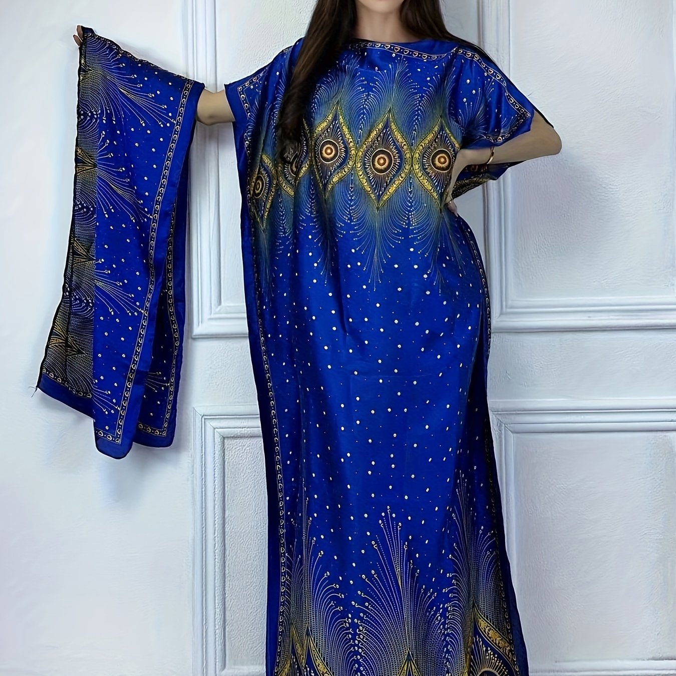 Summer Print Crew Neck Kaftan Abaya With Belt- Modest Short Sleeve Maxi Dress For Women