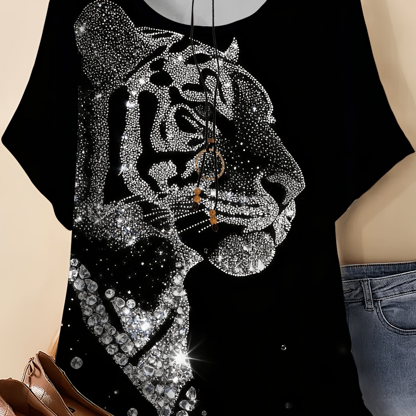 TEMU Plus Size, Plus Size Women's Animal Print T-shirt- Tiger Pattern, Casual Round Neck Short-sleeved Gray Summer Top, Suitable For Vacation Wear,