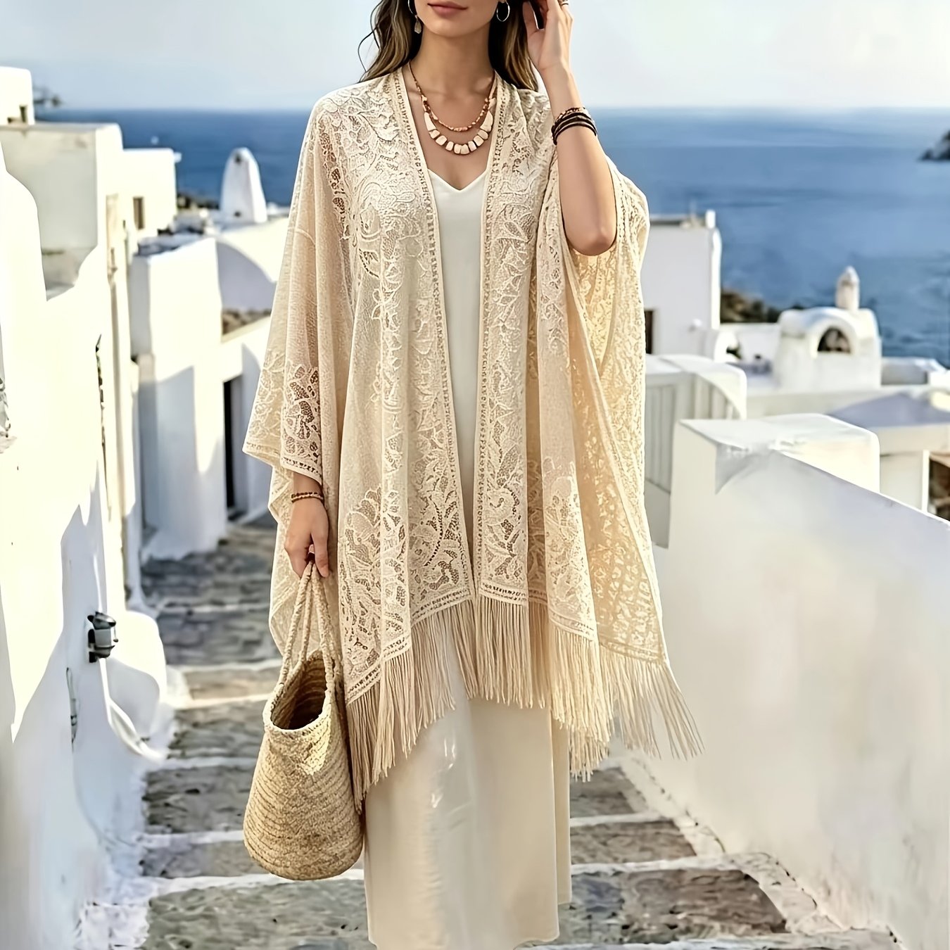 TEMU Plus Size, Women's Boho Lace Kimono Shawl, Fringe Tassel Open-front Thin Cardigan Cover-up Blouse