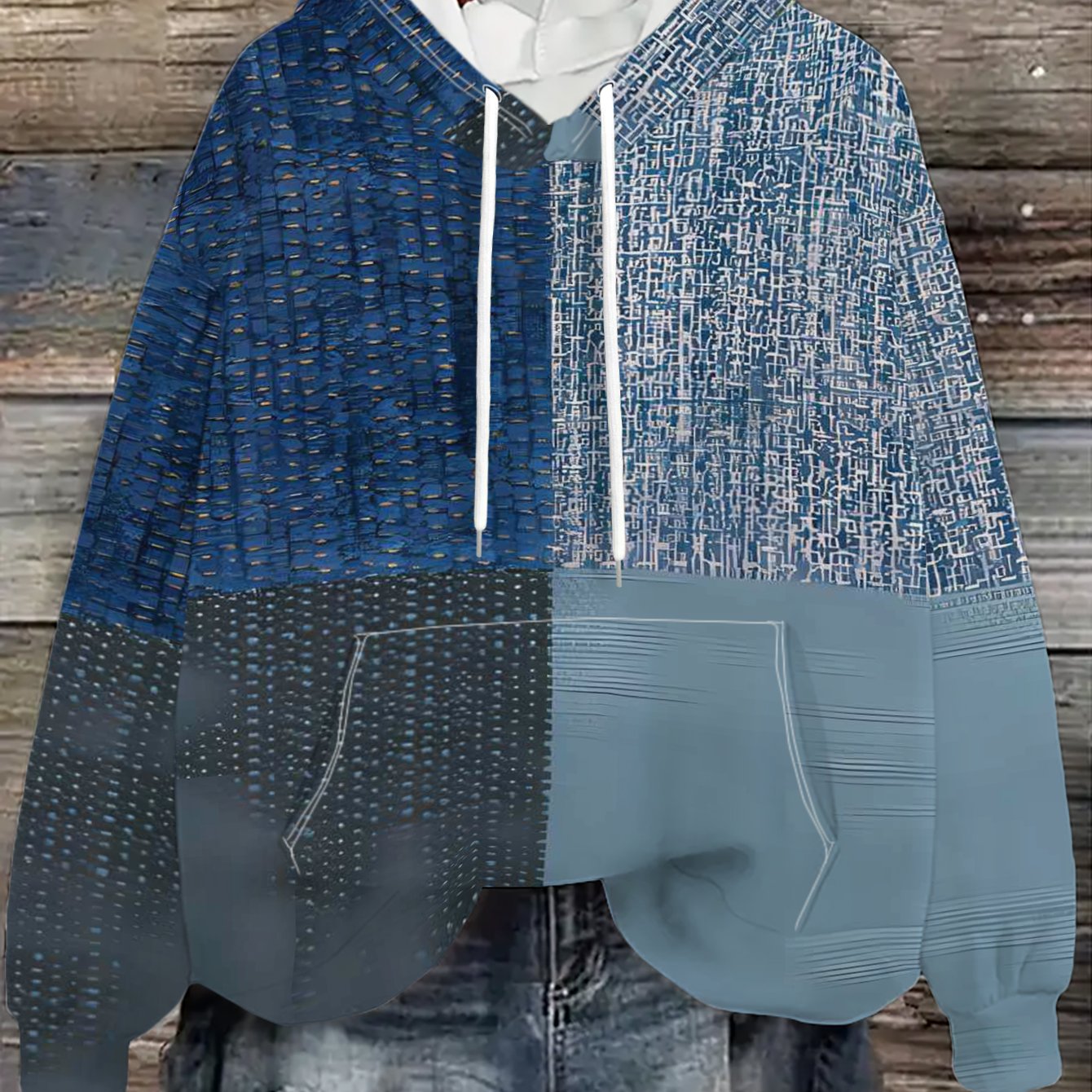 TEMU Women's Casual Sport Hooded Sweatshirt With Multi-blue Texture Collage Pattern, , Mother's Day Gift, Machine Washable