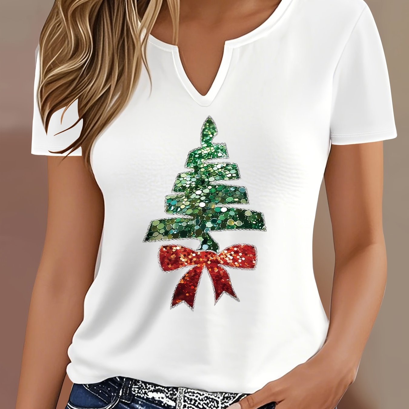 TEMU Casual Short-sleeve V-neck T-shirt With Letter Print, Summer And Spring, Designed For Women