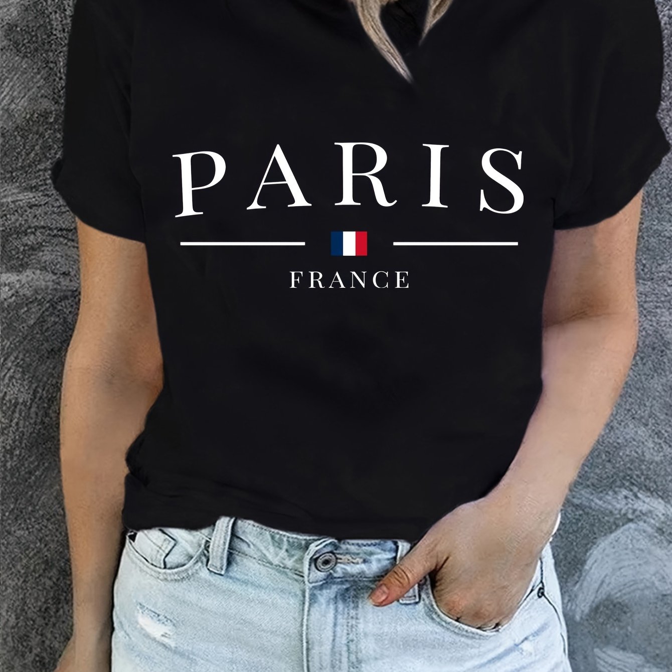 TEMU Paris Print T-shirt, Short Sleeve Crew Neck Casual Top For Summer & , Women's Clothing