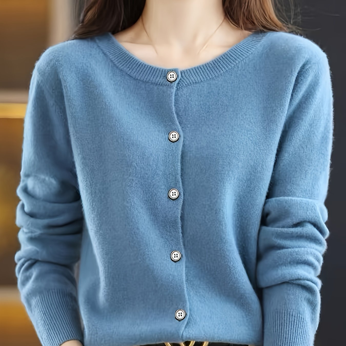 TEMU Women's Round Neck Cardigan, Spring/autumn Lightweight Long-sleeve Button-up Outerwear, Slightly Loose-fitting Cropped Knitwear, Casual Commuter