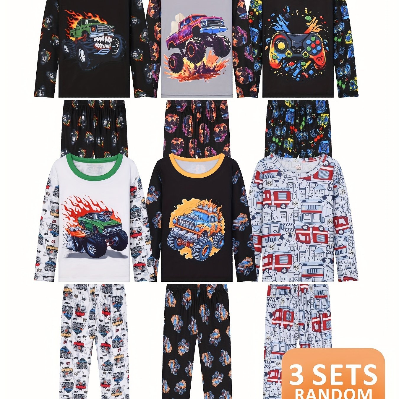 Random 3 Sets Boys Car Game Console Print Pajamas Flame Resistant Home Sleepwear Suit