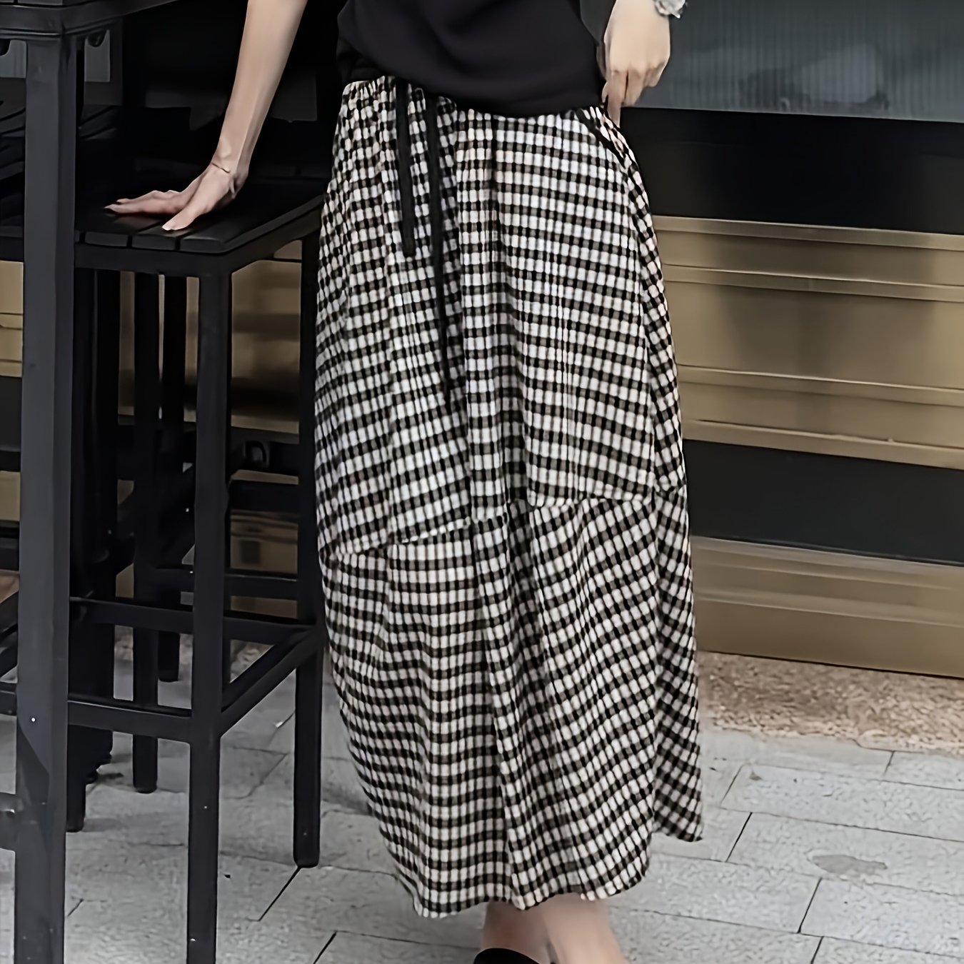 TEMU 블랙 앤 화이트 체크 패치워크 하프 스커트 여성용 루즈 레티스 꽃잎 스커트