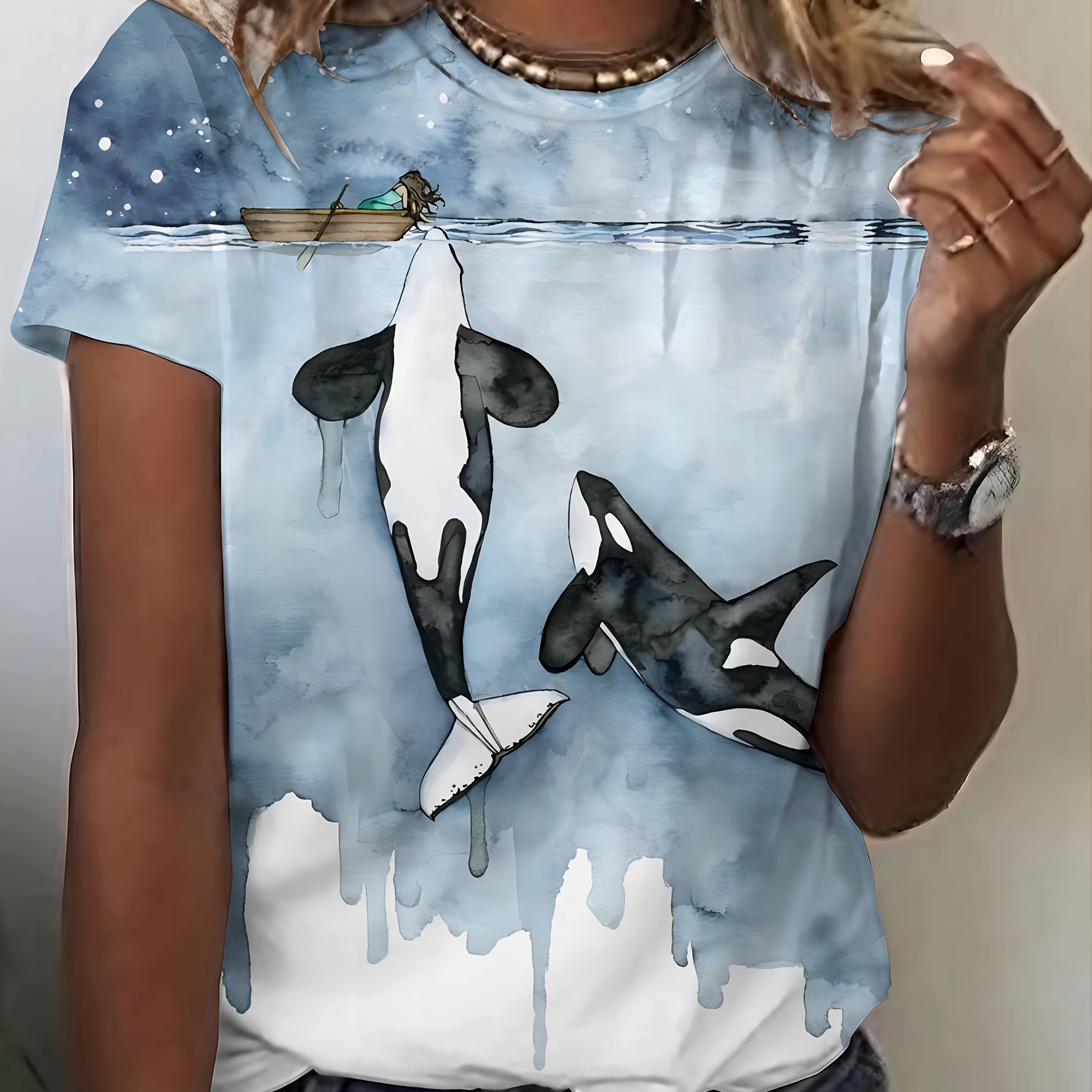 TEMU Design d'impression de motif 3D, Mode Femme, Haut Élégant pour Femme, T-shirt à Col Rond pour Femme, Cadeau