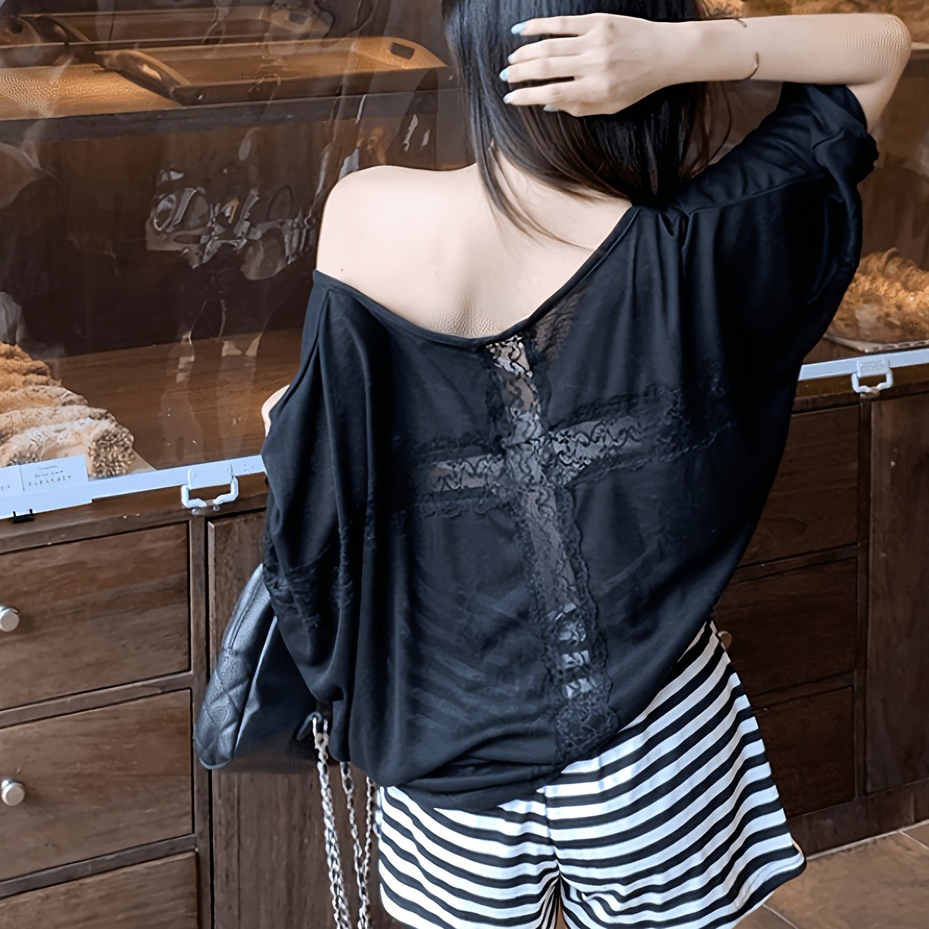 TEMU 1pc Women's Lace Solid Color Summer Three-quarter Sleeve Cover-up T-shirt, Chic And Casual, Loose Batwing Sleeve Women's Top