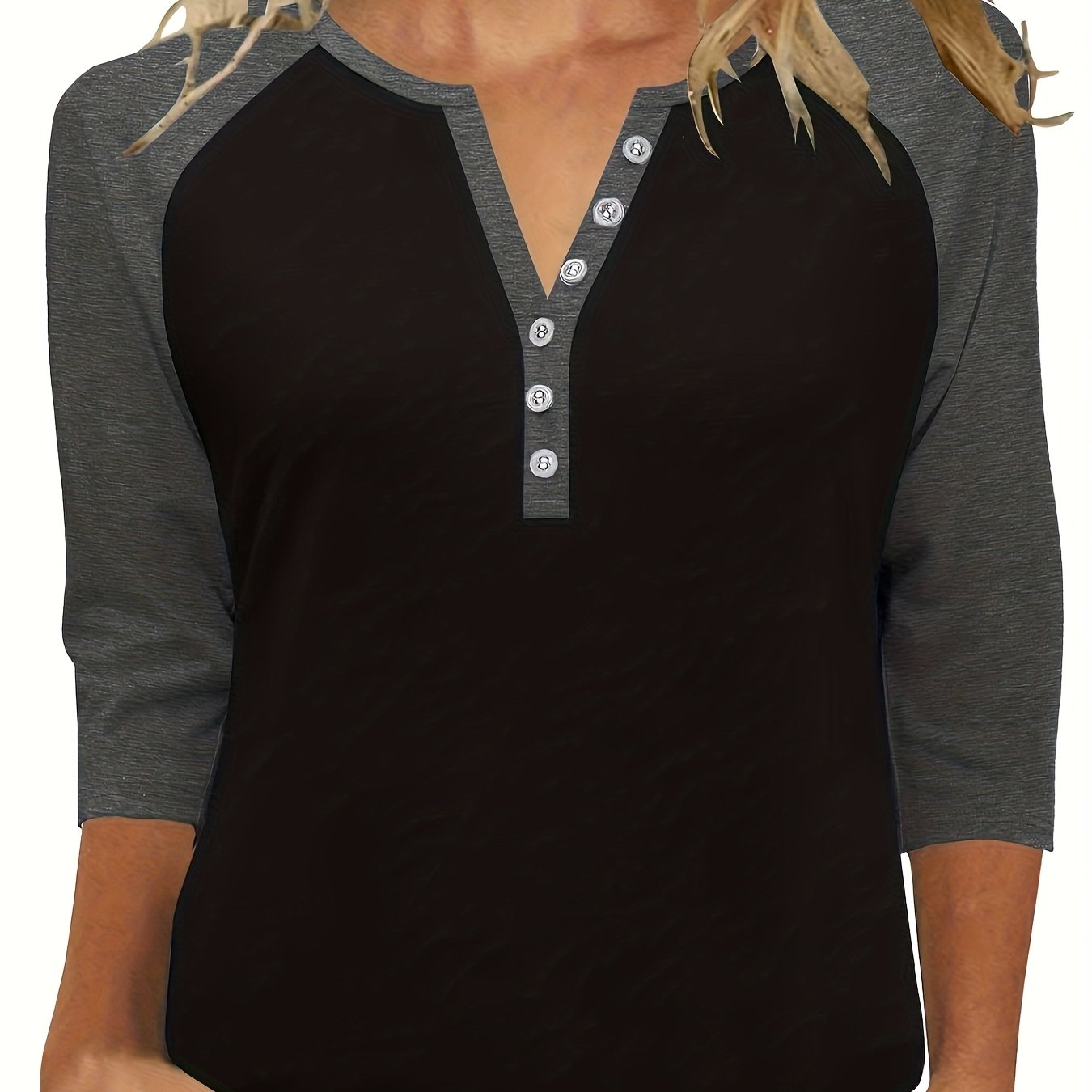 E-shop 2025 Neues Frühlings- und Herbst-Farbblock-Top mit V-Ausschnitt, Raglan-Ärmeln, Dreiviertelärmeln, lockerem, lässigem Damen-Top, Basis-T-Shirt,