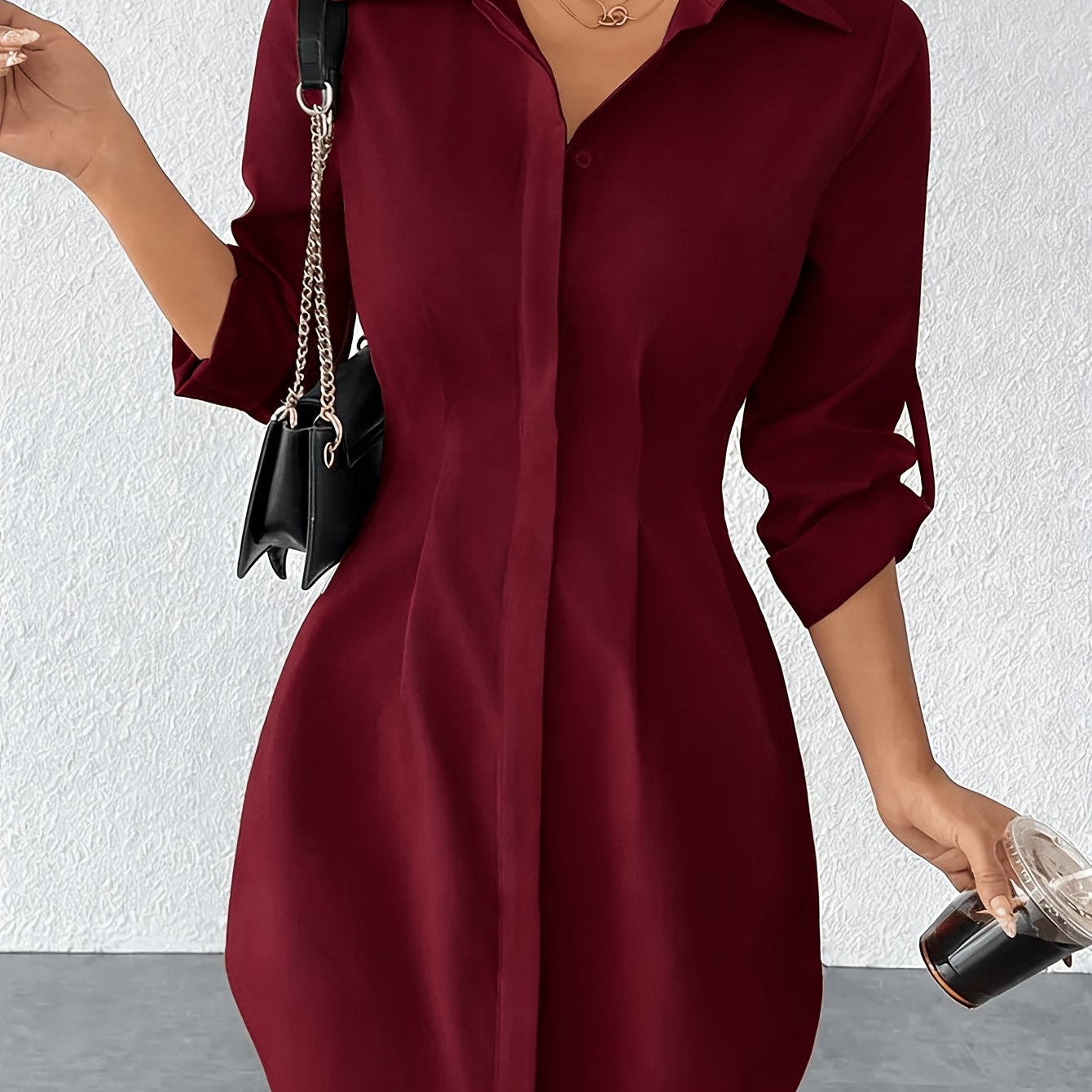 TEMU Women's Slim Fit Collared Shirt Dress - Solid Black, Casual To Semi-formal, Machine Washable 3-season Midi Dress For Spring, Summer, Autumn,