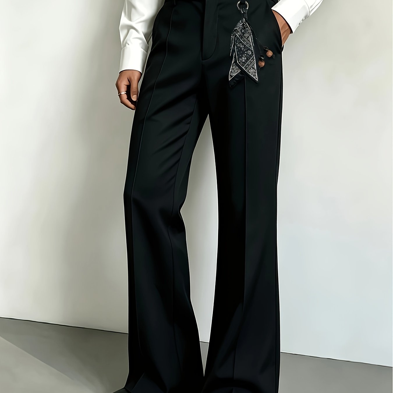 TEMU Old Money Outfits Men's High-waist Tapered Flare Trousers, Draped Slim-fit Bell-bottom Pants, Black Business Commuter Casual Suit Trousers