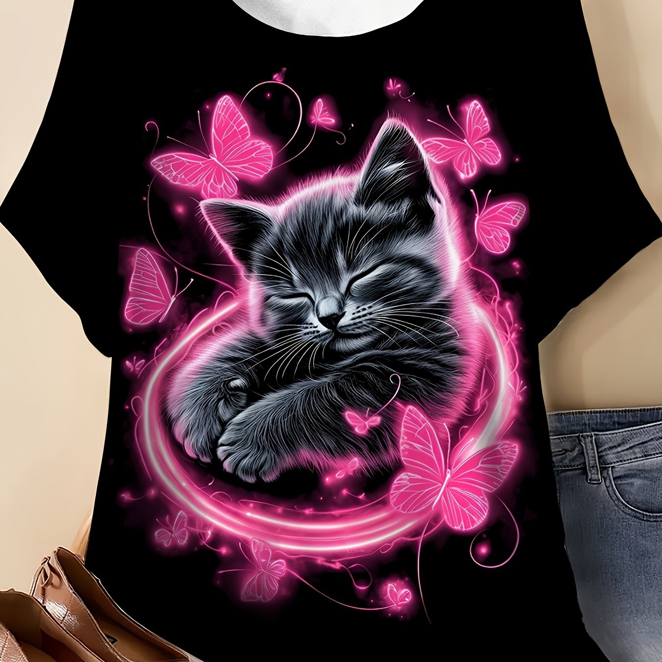 TEMU Plus Size - Plus Size - Plus Size Women's T-shirt Featuring A And Kitten Print, Round Neck Short Sleeve Summer Top, Suitable For Casual Outdoor