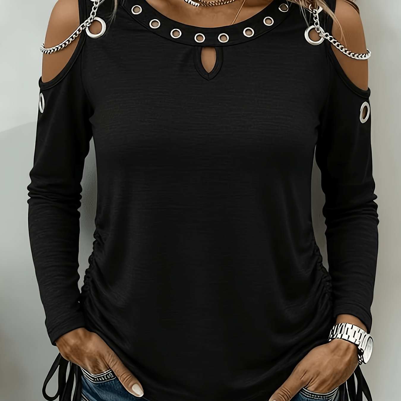 TEMU Plus Size, Plus Size Women's Off-shoulder Long Sleeve Top With Chain Detail, Round Neck, Cut- Design, Drawstring, Slim Fit, Figure-flattering,