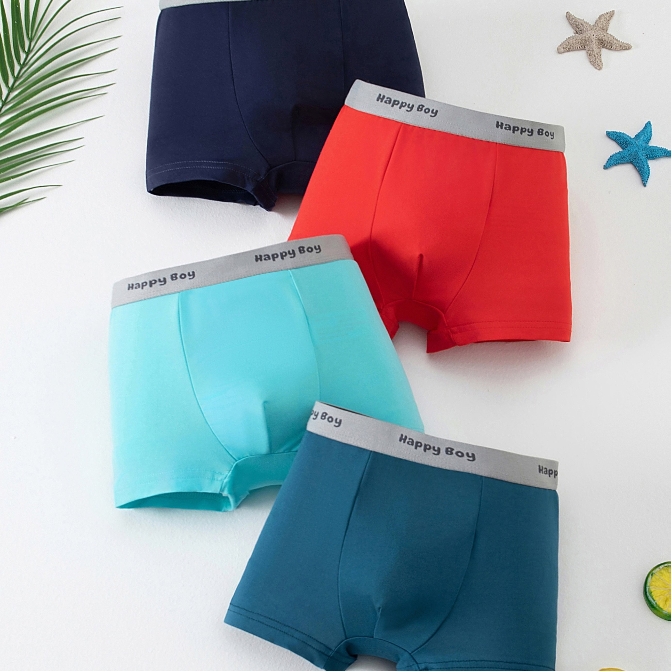 TEMU 4pcs Set Of Boys' Solid Color Underwear, Summer Mid-to-large Size For , Elastic Waist Square Underpants, Soft And Comfortable, Boys' Boxer
