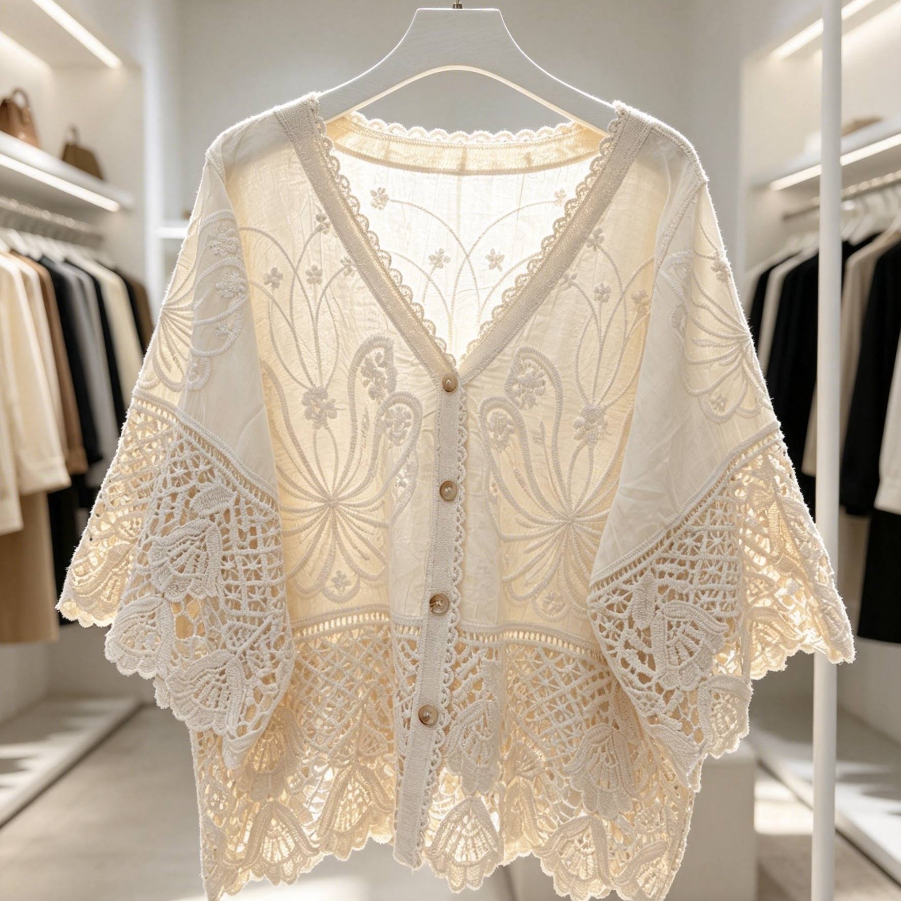 TEMU Embroidered V-neck Boxy Shoulder Shirt For Women, 2026 Early Spring New Arrival Cardigan, Bohemian Top